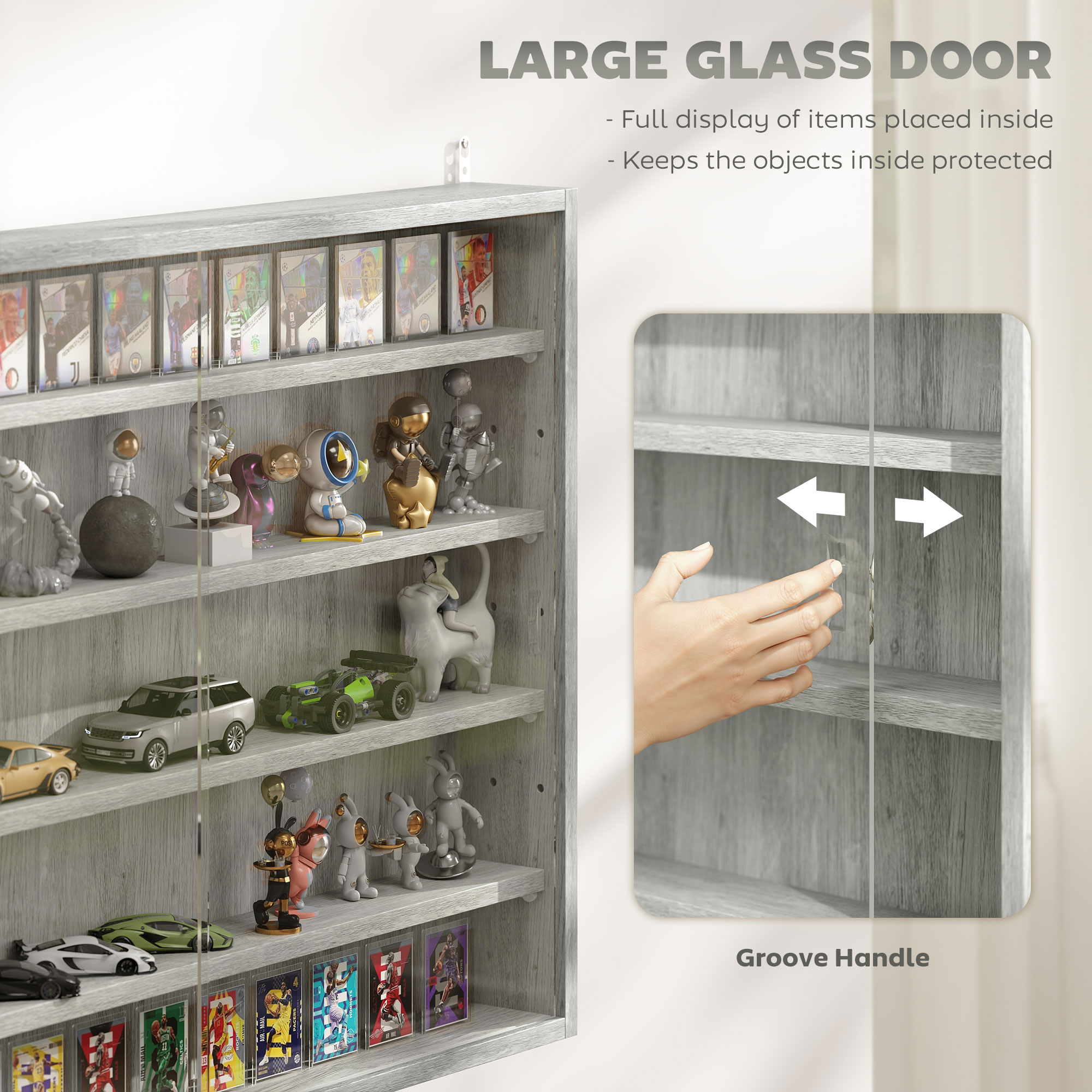 5-Tier Display Cabinet, Wall-Mounted Display Case with 2 Glass Doors and Adjustable Shelves, Gray image 4