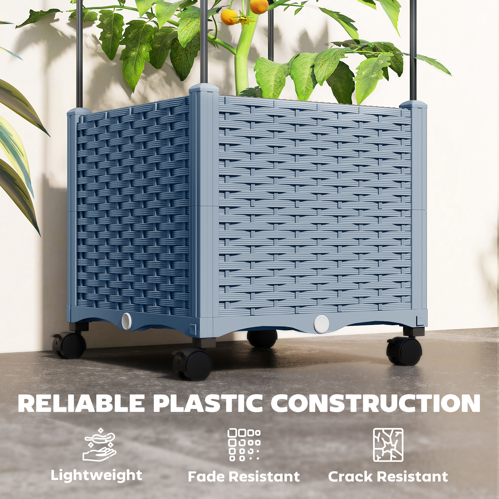  Raised Garden Bed with Trellis, Tomato Cage with Lockable Wheels, Self Watering Planter Box with Drainage Holes, Gray