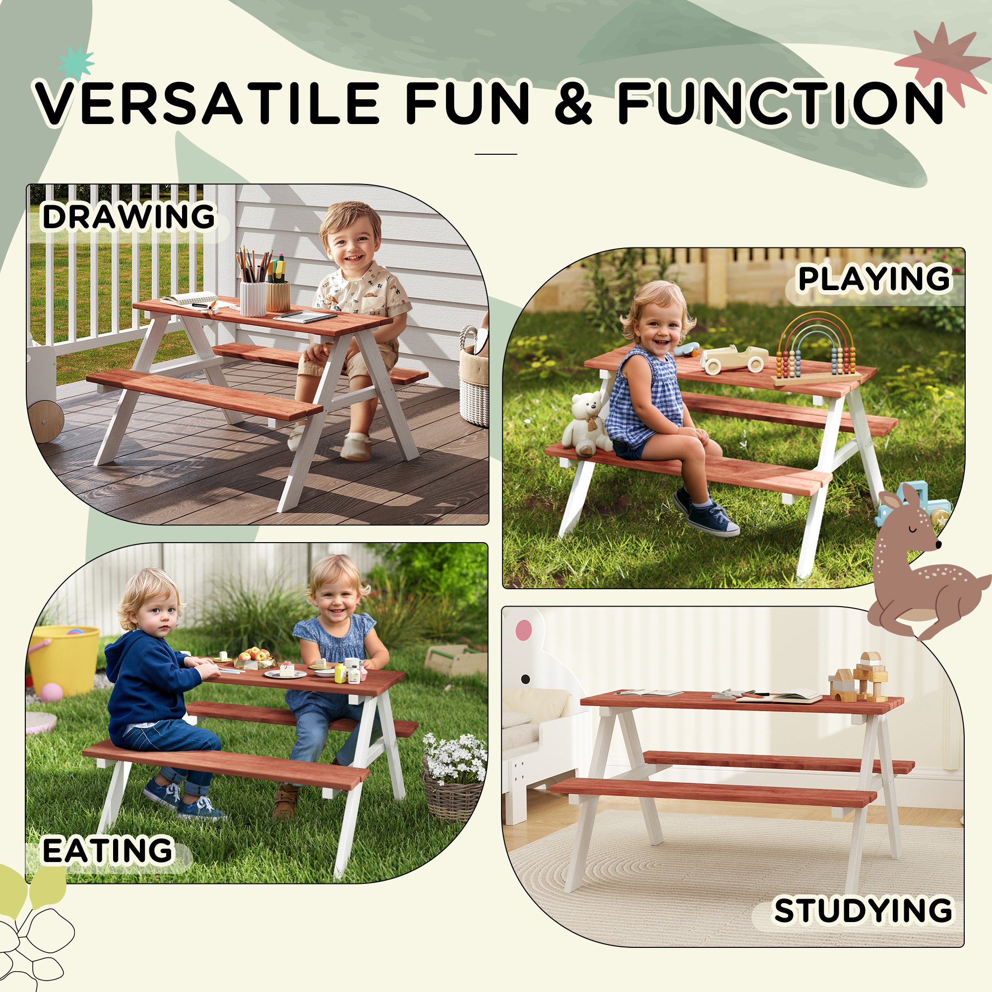  Kids Picnic Table Set, Wooden Table & Bench Set, Kids Patio Furniture Outdoor Toys for Garden, Backyard, Aged 3-8 Years Old, Brown