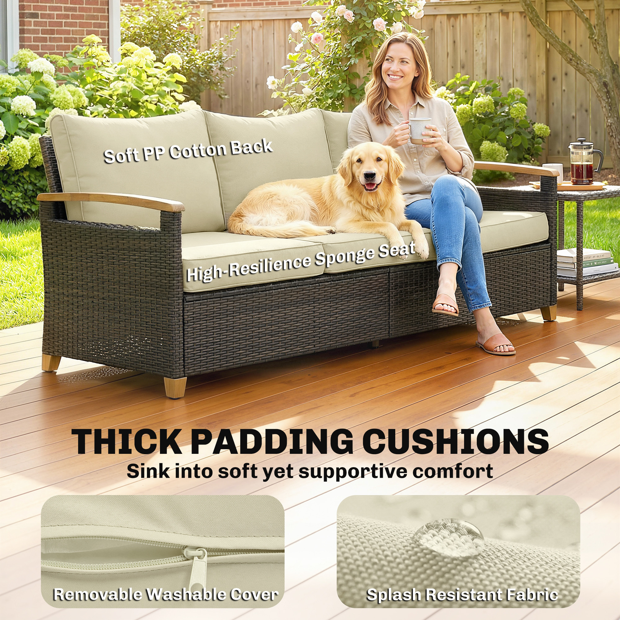  3 Seater Outdoor Couch Sofa, PE Wicker Patio Sofa, Wide Deep Seat, 4" Cushions, Wood-Effect Armrests Legs, Beige