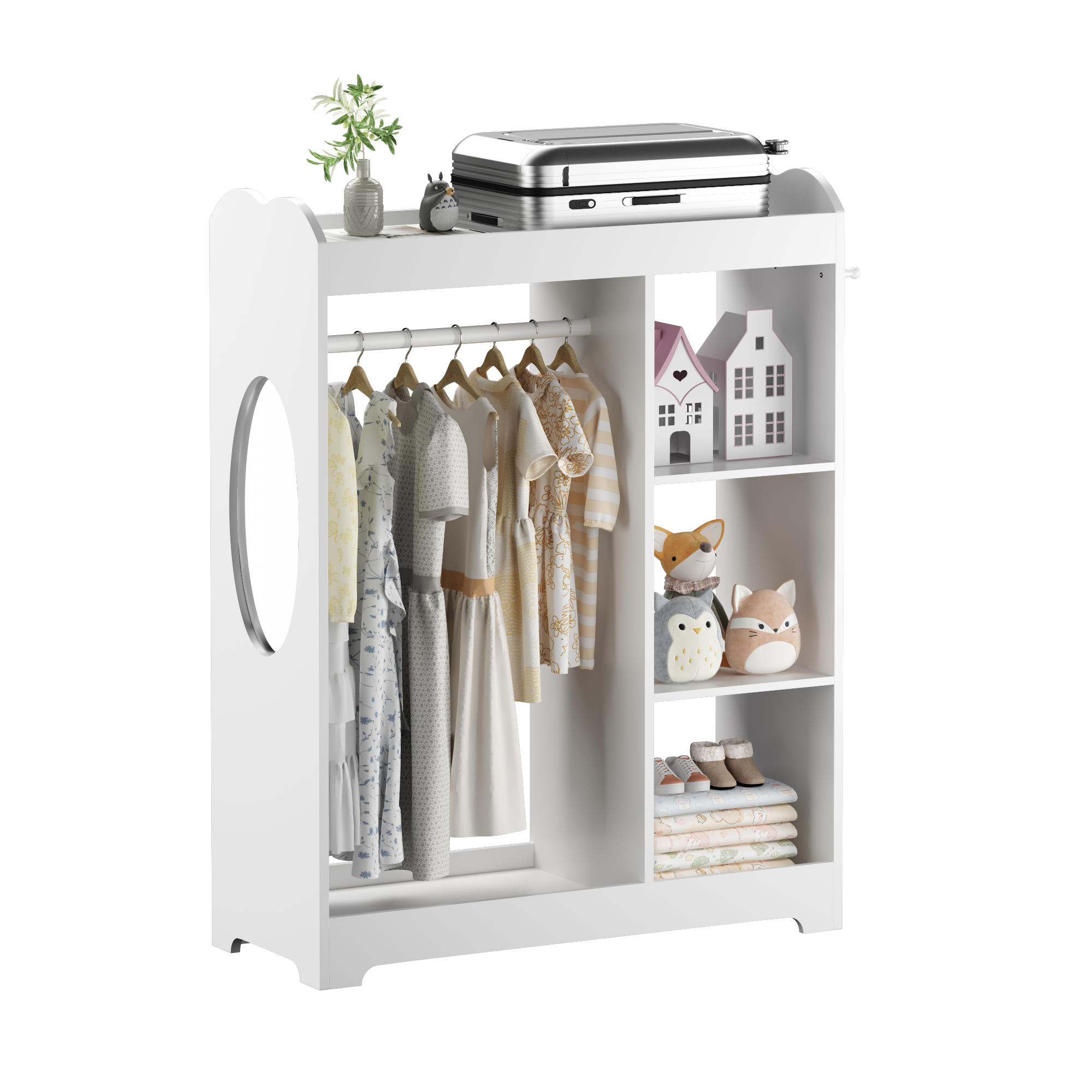 Kids Dress Up Storage With Mirror And Hooks, Wooden Dress Up Clothes Rack With Hanging Rod, 3 Side Hooks, Storage Shelves And Top Shelf, Toddler Costume Organizer For Playroom Bedroom Nursery  White