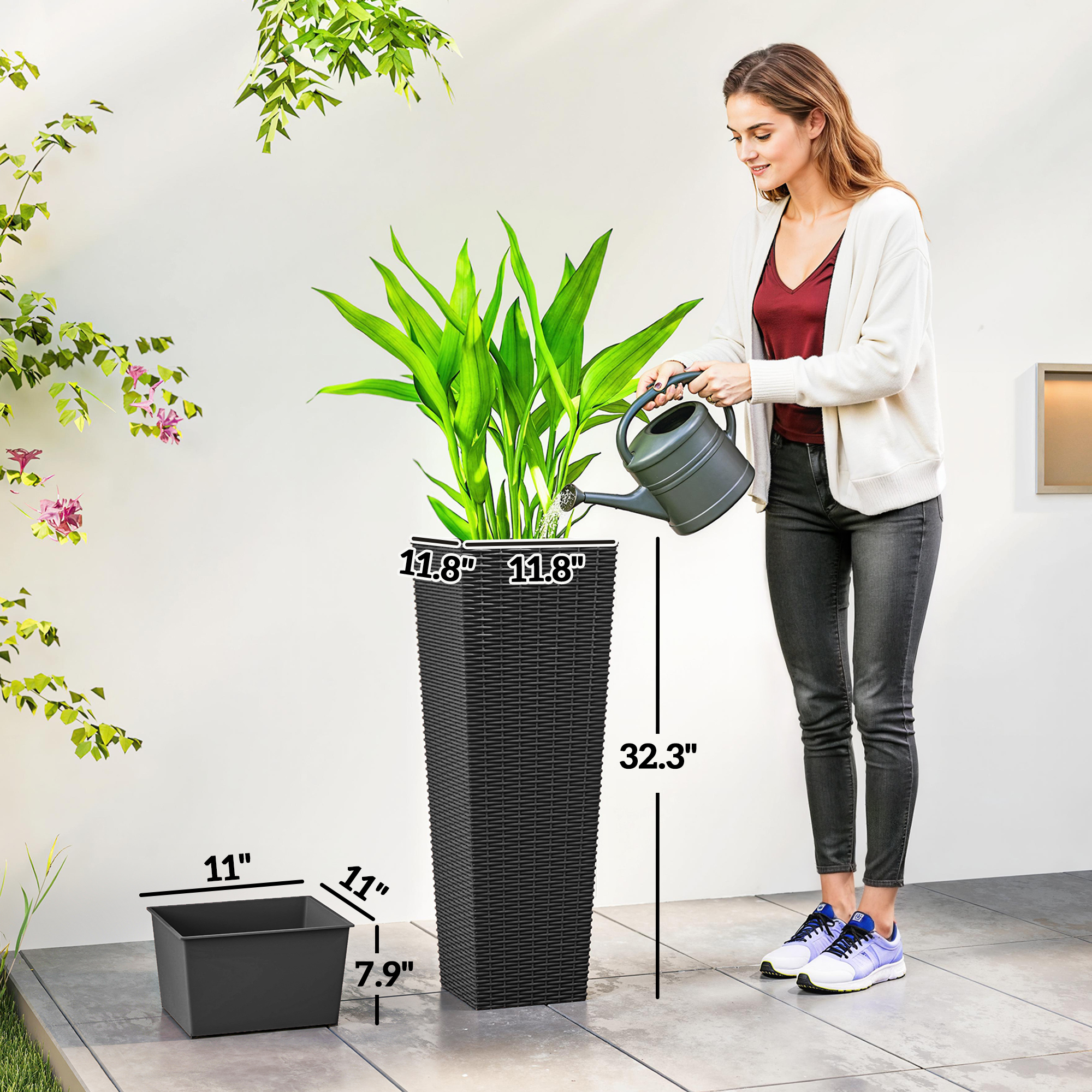  32 Inch Tall Planters for Outdoor Plants, Set of 2 Plastic Flower Pots with Drainage Holes, Black
