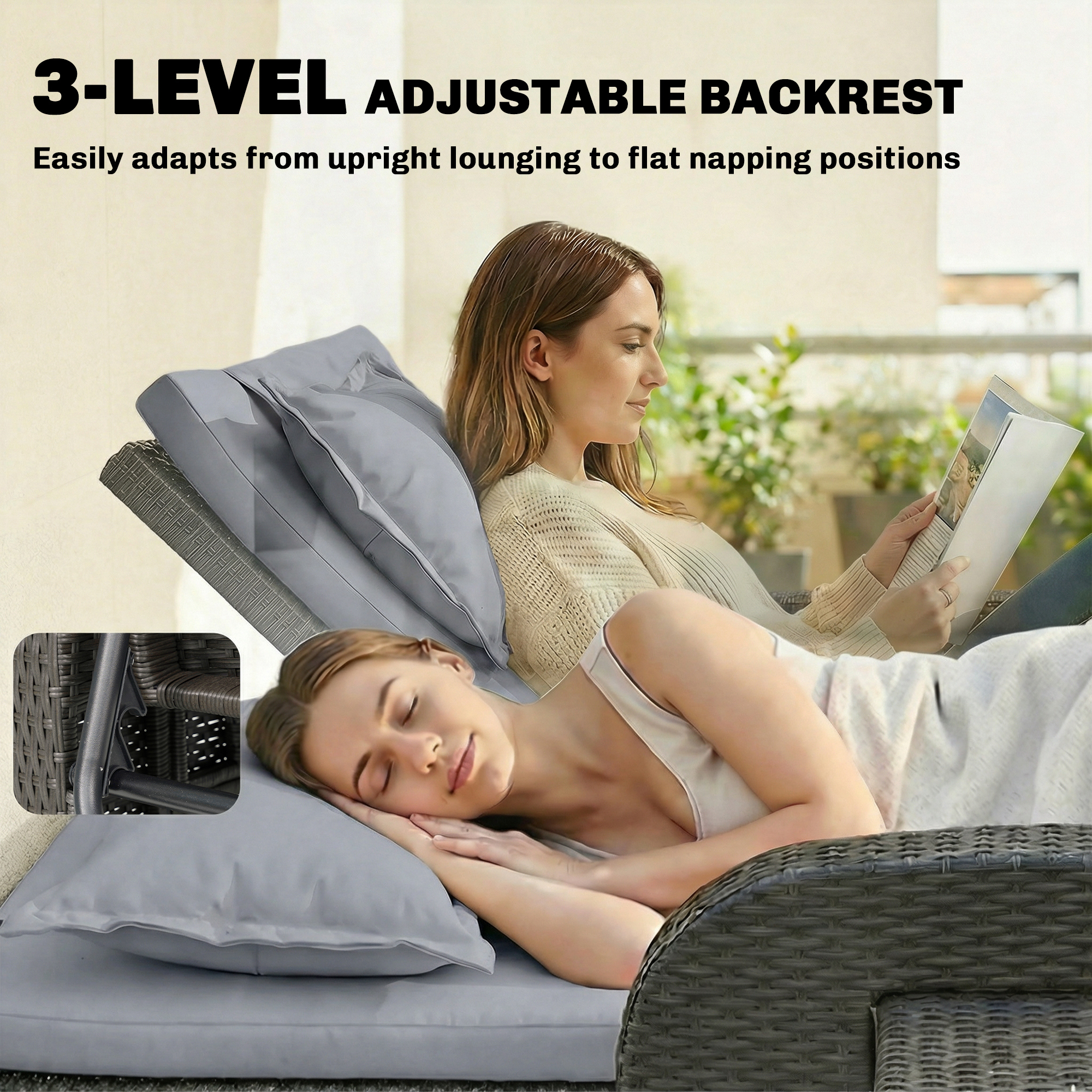  Patio Rattan Daybed, Wicker Outdoor Daybed with Storage Ottoman, Loveseat w/ Adjustable Backrest, Side Tables, Gray