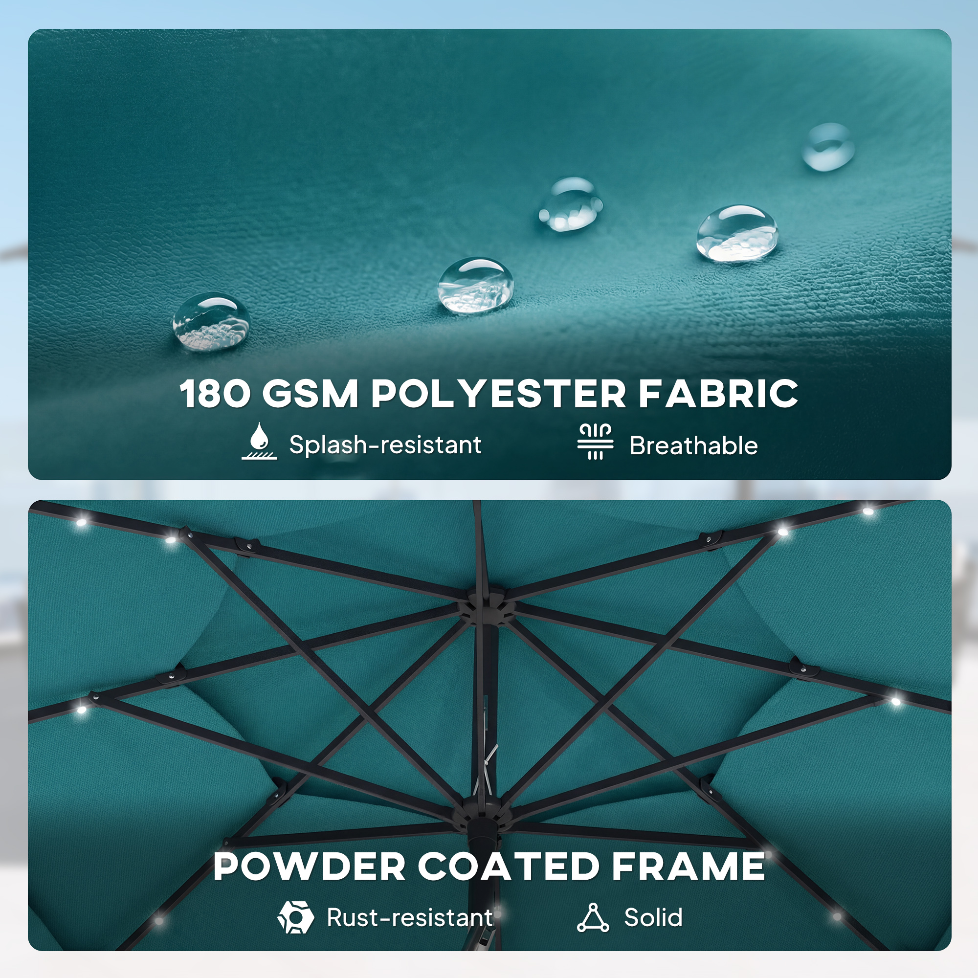  9.7 ft Outdoor Patio Umbrella with Solar LED Lights, 3 Tier Outdoor Table Umbrella with Tilt, Crank, Teal