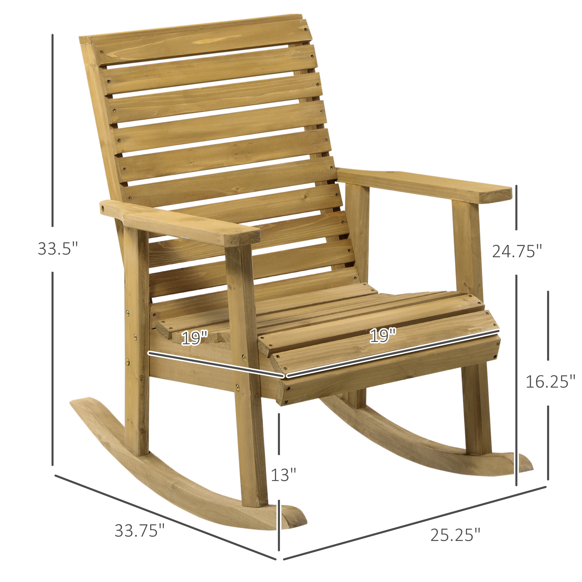  Wooden Outdoor Rocking Chair, Traditional Slatted Wood Rocker Chair with Armrests and High Backrest for Indoor & Outdoor, Light Brown
