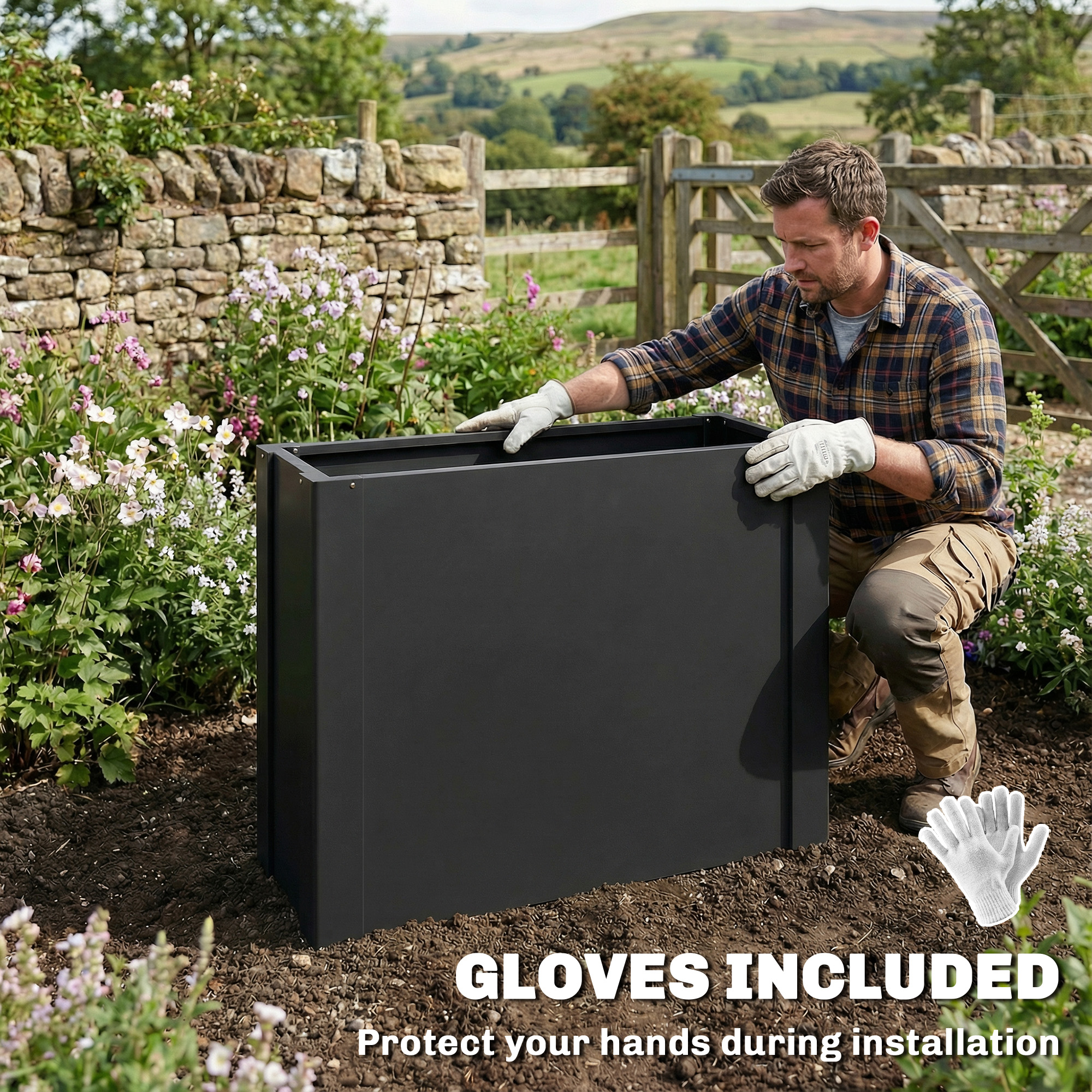  Raised Garden Bed Galvanized Planter Box Outdoor with Gloves for Gardening Vegetables, Flower, Herb, 2.6 x 1 x 2 ft, Black