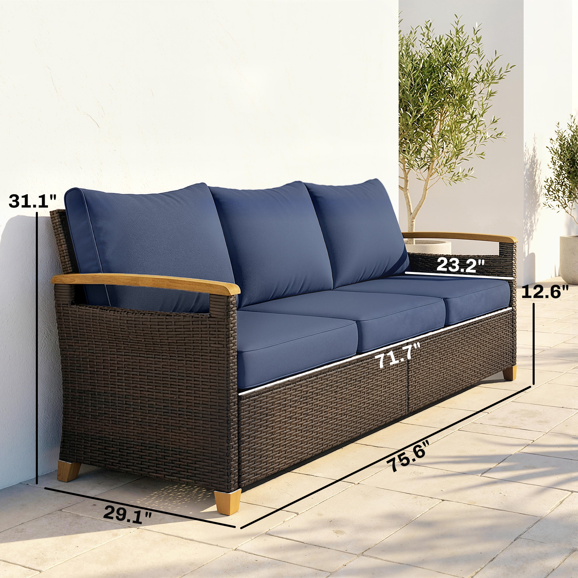  3 Seater Outdoor Couch Sofa, PE Wicker Patio Sofa, Wide Deep Seat, 4" Cushions, Wood-Effect Armrests Legs, Dark Blue