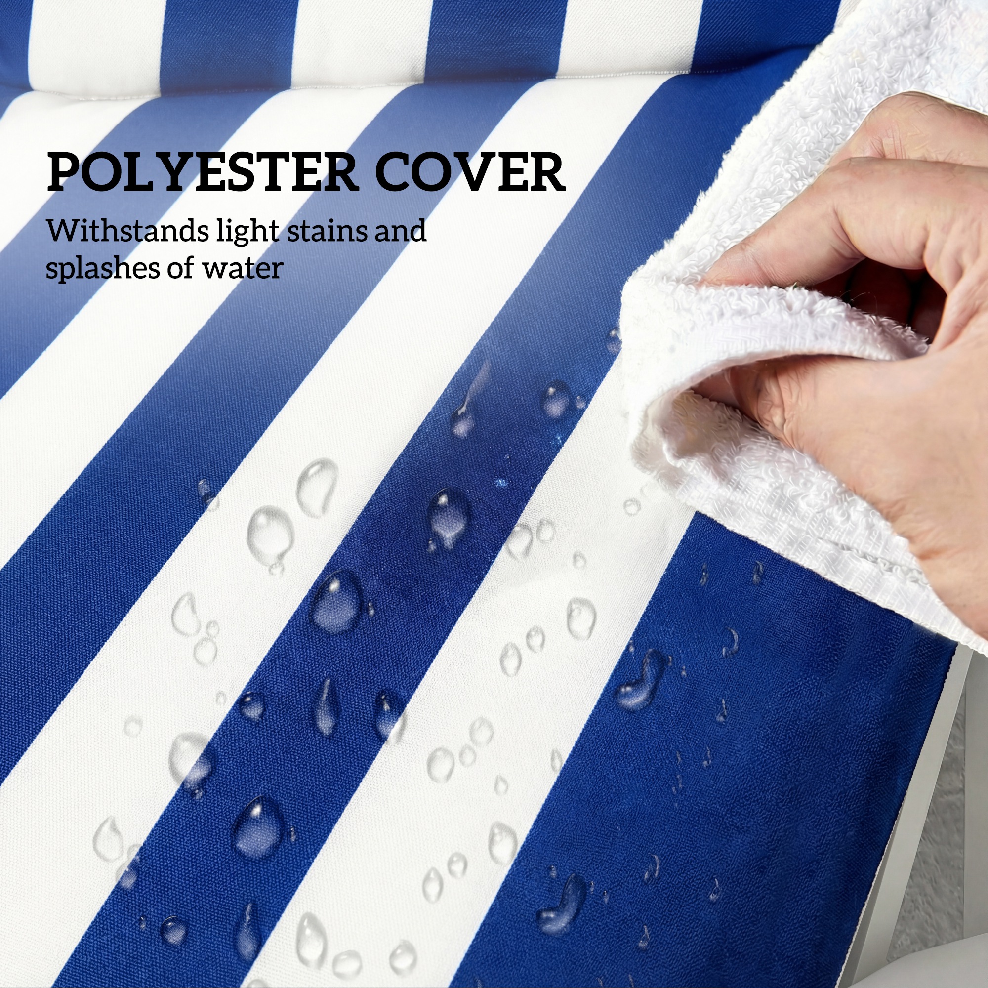  Outdoor Chaise Lounge Cushions Set of 2 with 6 Ties, High-Density Foam, for Patio and Poolside, Dark Blue and White