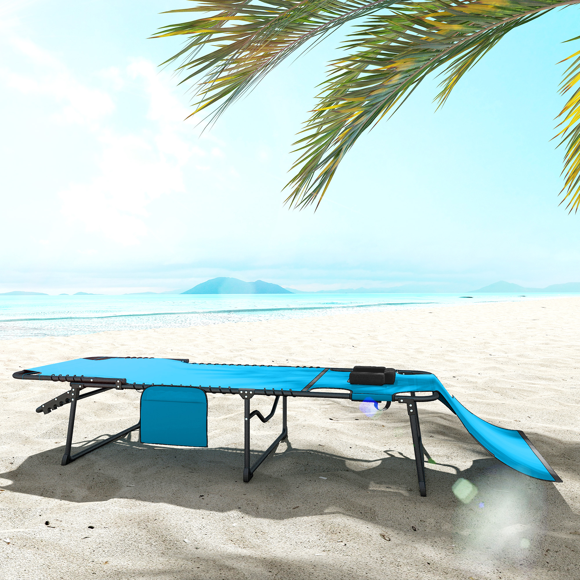  Folding Chaise Tanning Lounge Chair w/ 5-level Reclining Back, Reading Hole, Side Pocket, Headrest, Blue