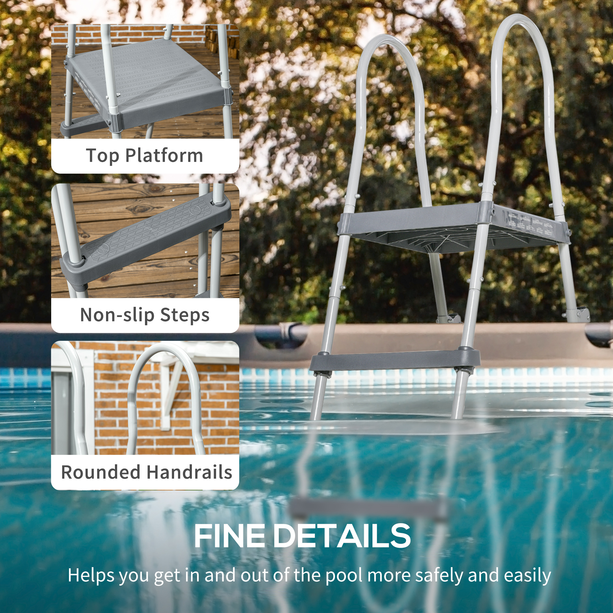  70" Above Ground Swimming Pool Ladder, A-Frame Deck Ladder with Top Platform, Non-slip Steps & Rounded Handrails for 48" Pool Wall Height, Gray