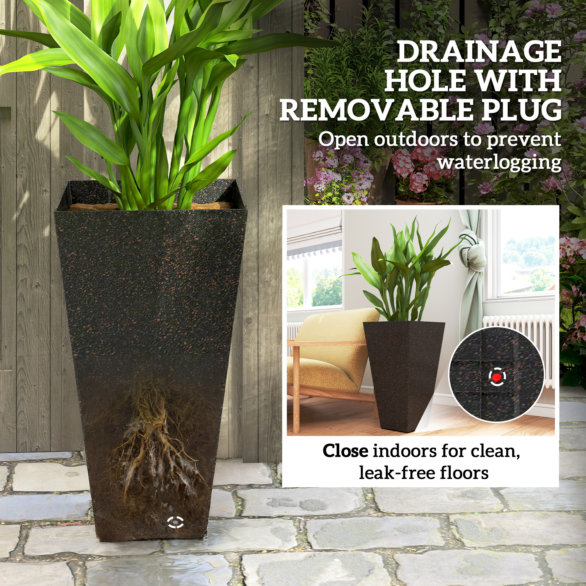  28" Tall Planters, Set of 3 Plastic Flower Pots with Marble Finish and Drainage Holes, Stackable Taper Planters, Brown