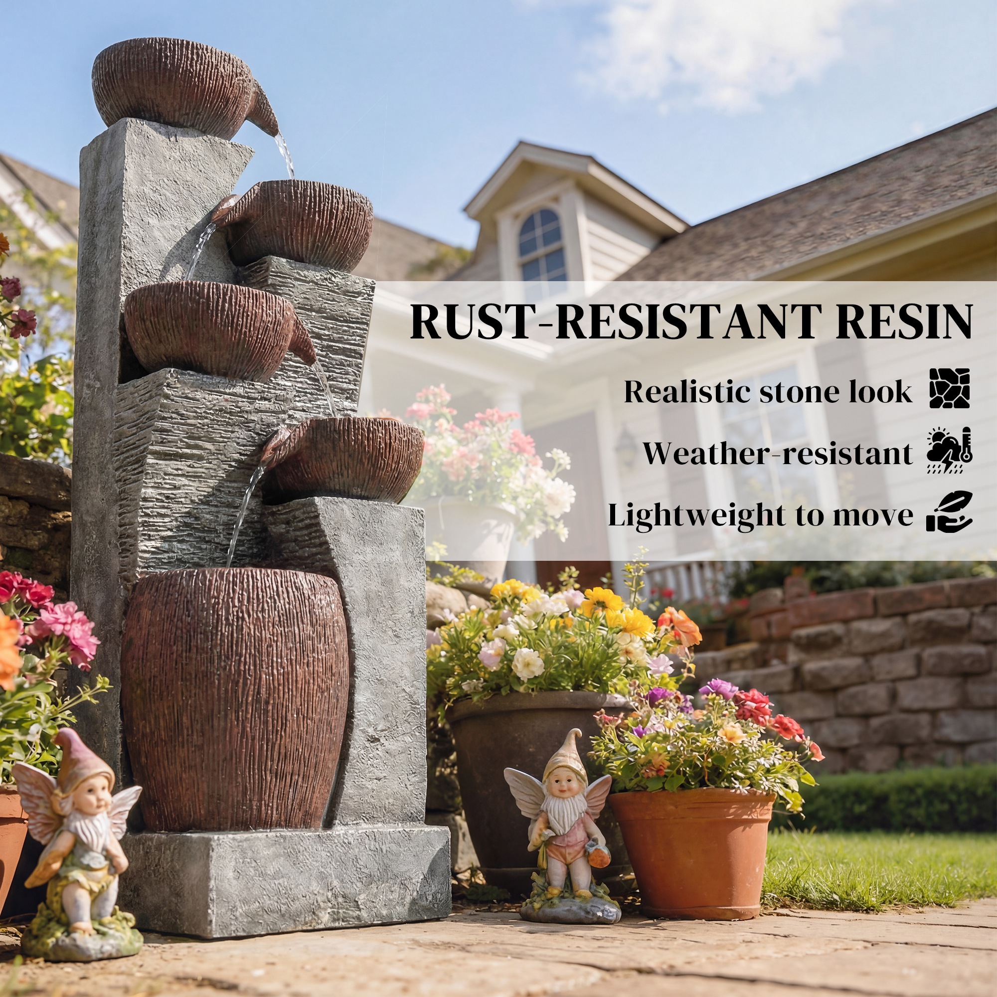  Outdoor Water Fountain with 5-Tier Crock Design, 51.2" Tall Cascading Waterfall Garden Fountain with LED Lights