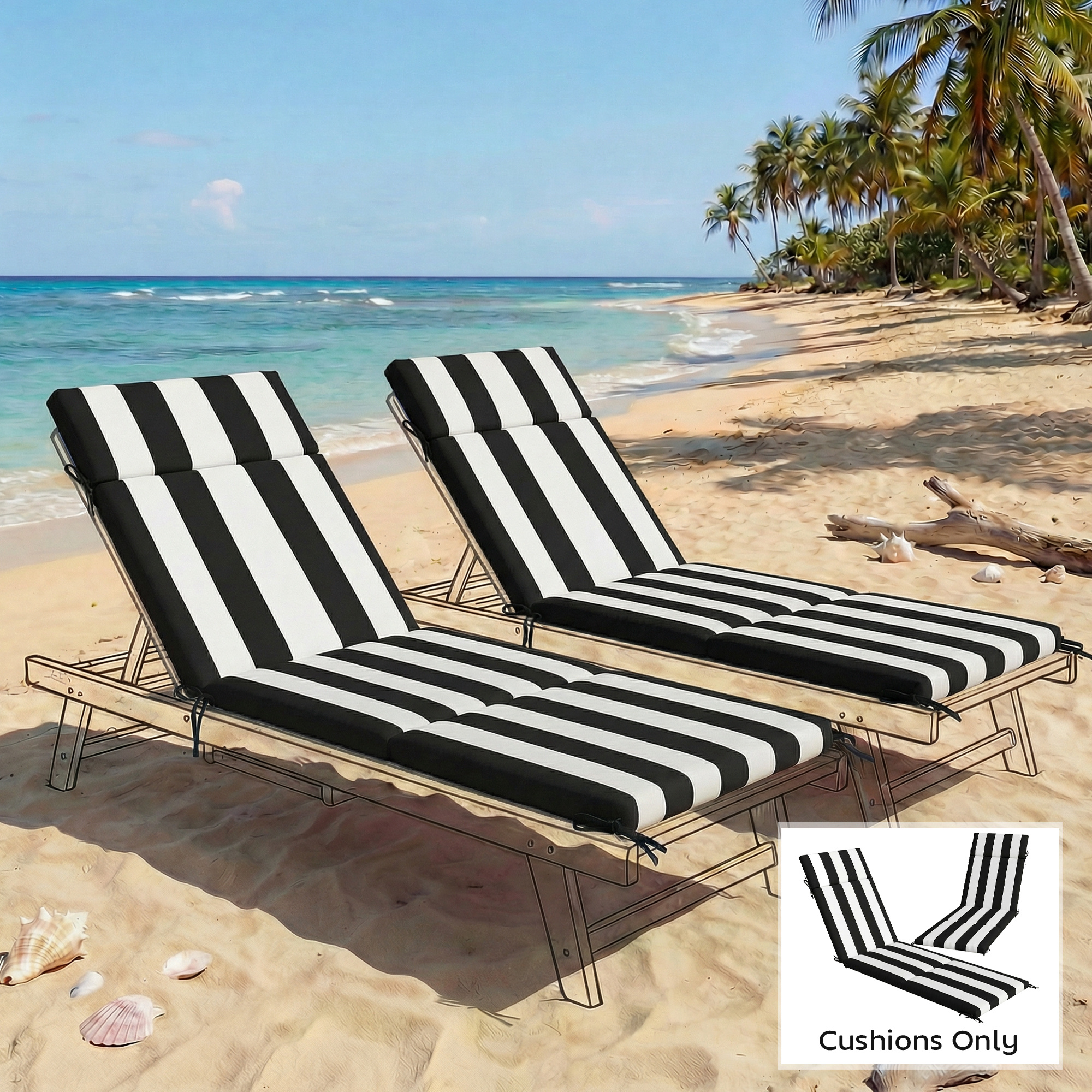  Outdoor Chaise Lounge Cushions Set of 2 with 6 Ties, High-Density Foam, for Patio and Poolside, Black and White