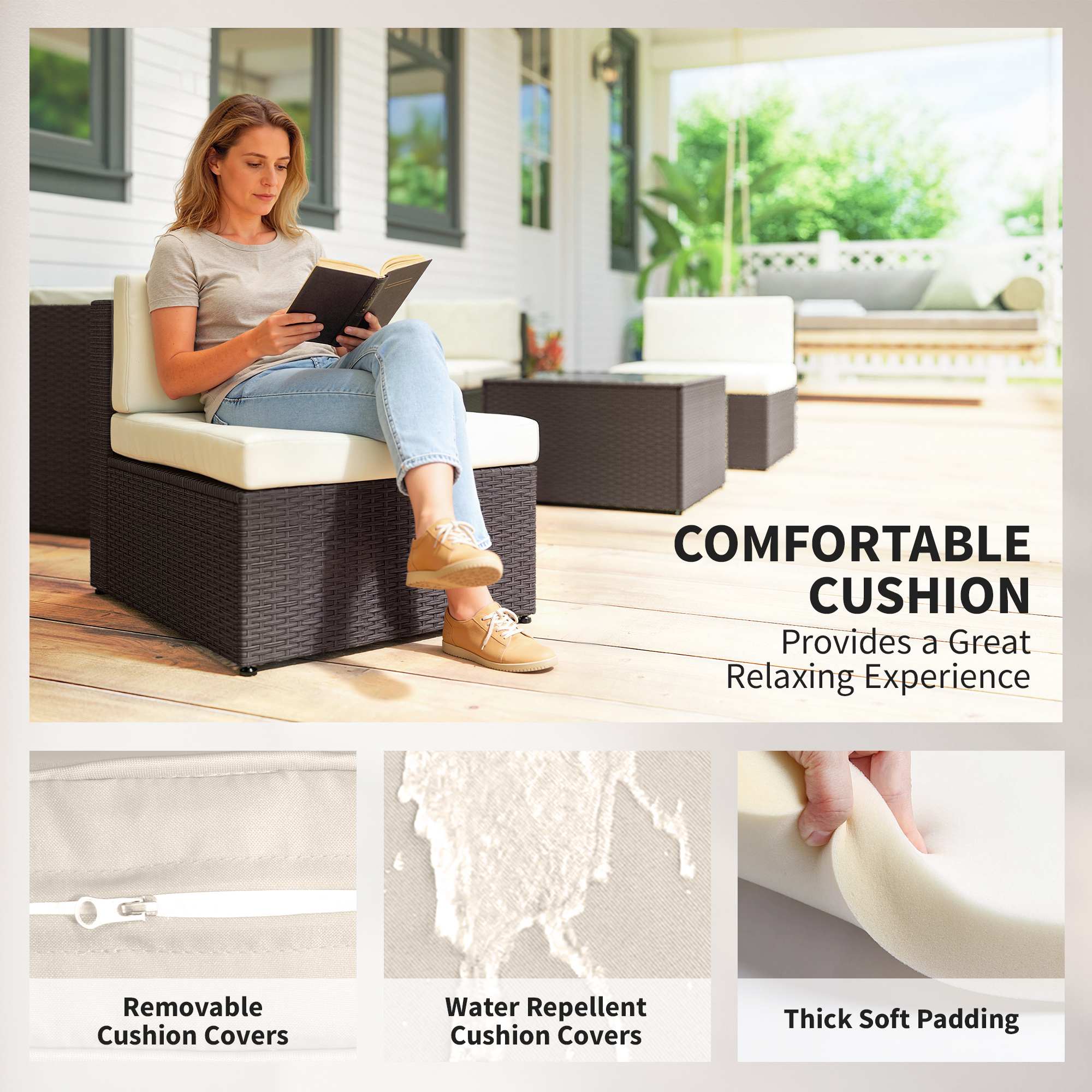  7 Piece Patio Furniture Set, All Weather PE Rattan Outdoor Furniture Conversation Sets with Glass Top Coffee Table