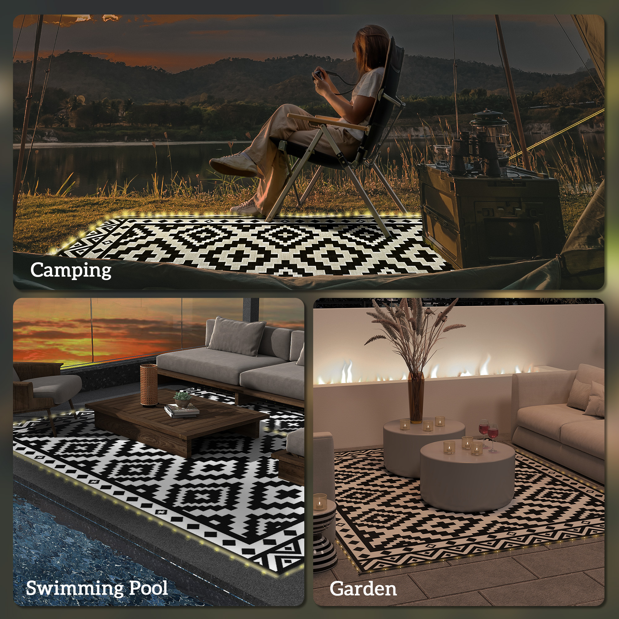 Outdoor Rug Carpet Reversible Plastic Straw Rug with LED Lights Black and White 12 x 9 for Patio image 7