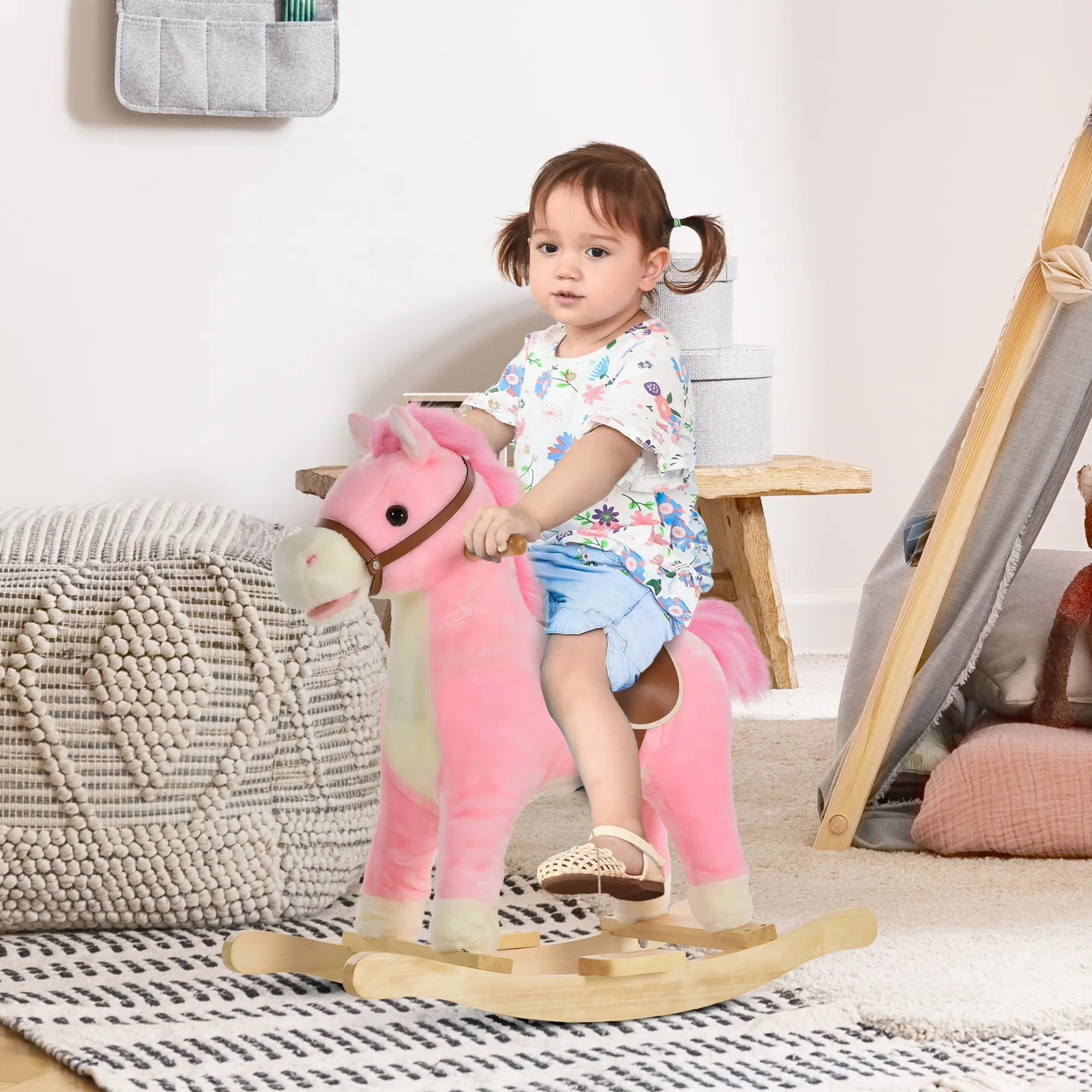 Rocking Horse Plush Animal on Wooden Rockers