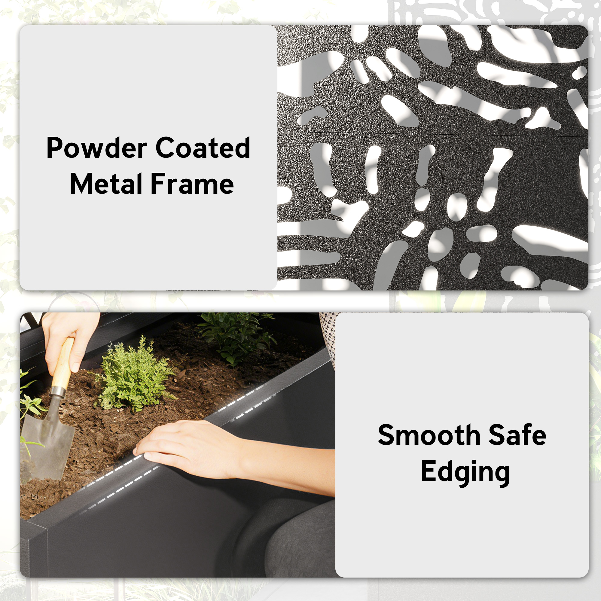  Metal Planter Box with Trellis, 71" Tall Raised Garden Bed with Privacy Screen and Drainage Holes, Banana-Leaf Cut-Outs