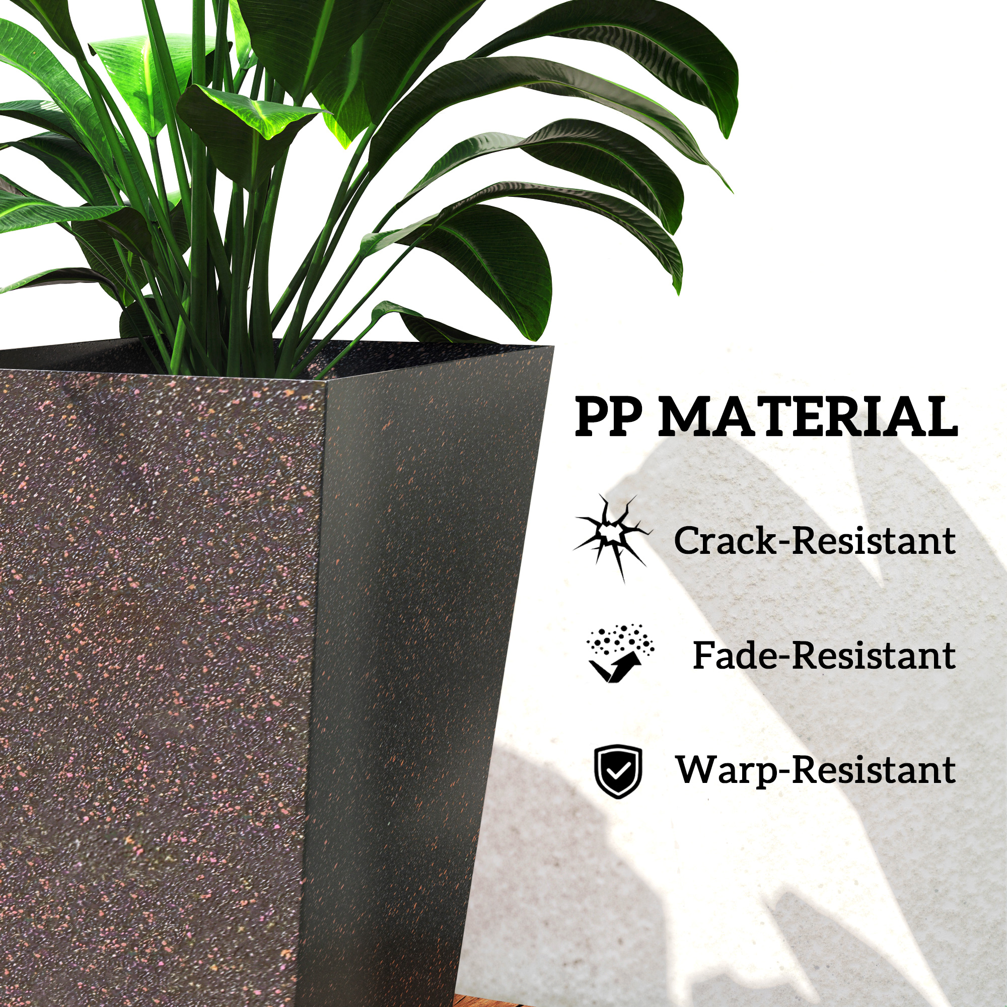  28" Tall Planters, Set of 3 Plastic Flower Pots with Marble Finish and Drainage Holes, Stackable Taper Planters, Brown