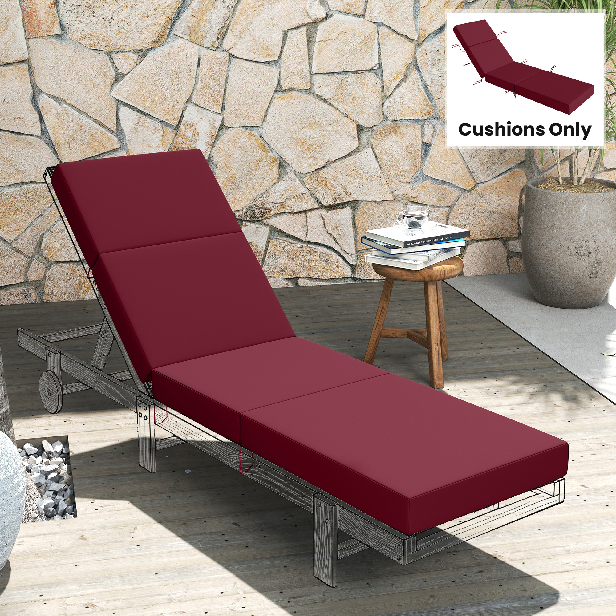  Chaise Lounge Cushion, 4" Thick Outdoor Lounge Chair Cushion with Ties for Patio, 21" x 72 ", Red