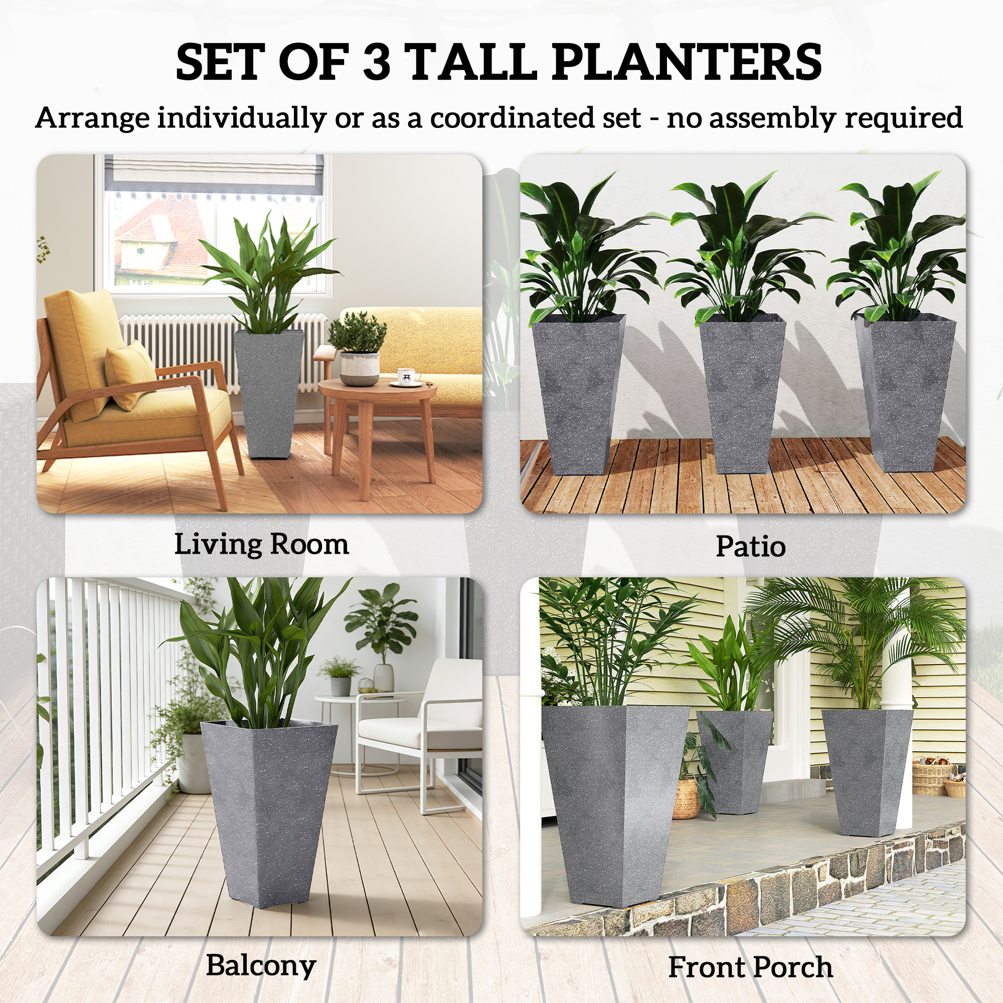  28" Tall Planters, Set of 3 Plastic Flower Pots with Marble Finish and Drainage Holes, Stackable Taper Planters, Gray
