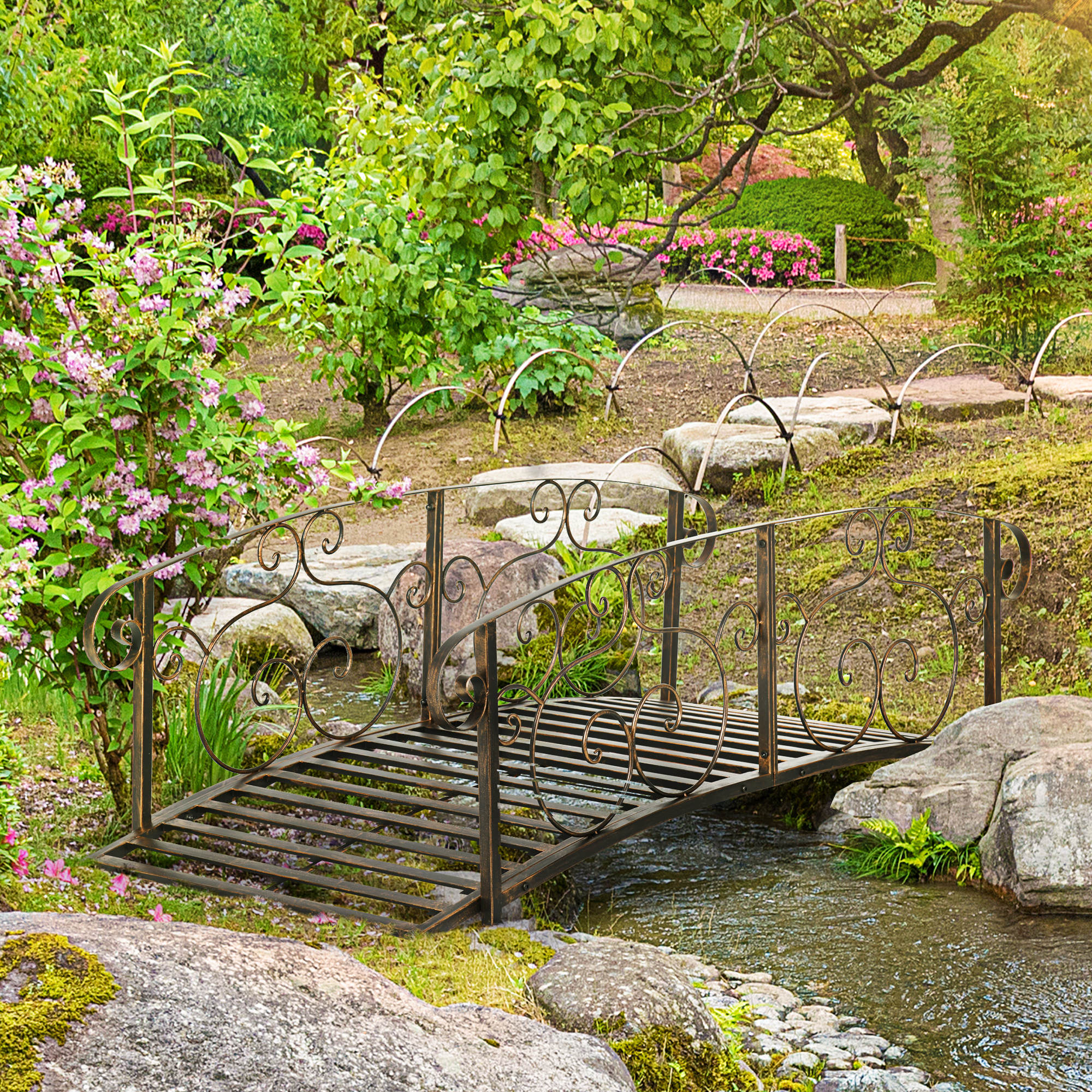 6 Metal Arch Backyard Garden Bridge, Safety Siderails, Arc Footbridge for Backyard Creek, Stream, Pond, Bronze