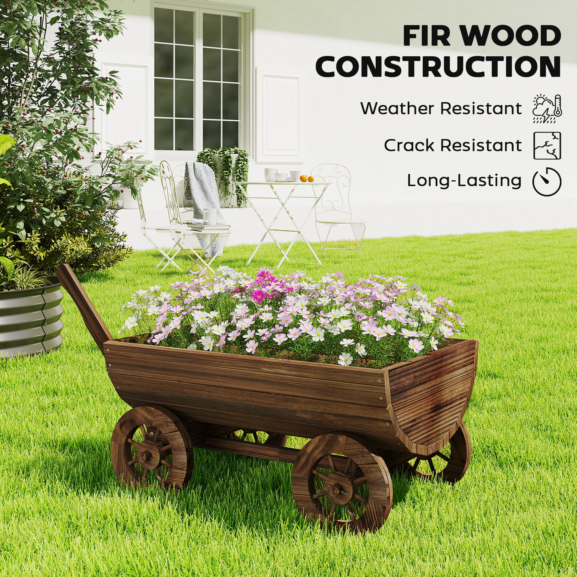  Wooden Wagon Planter Box, Mobile Garden Planter with 4 Wheels, Small Wheelbarrow Wagon Flower Cart with Drainage Hole