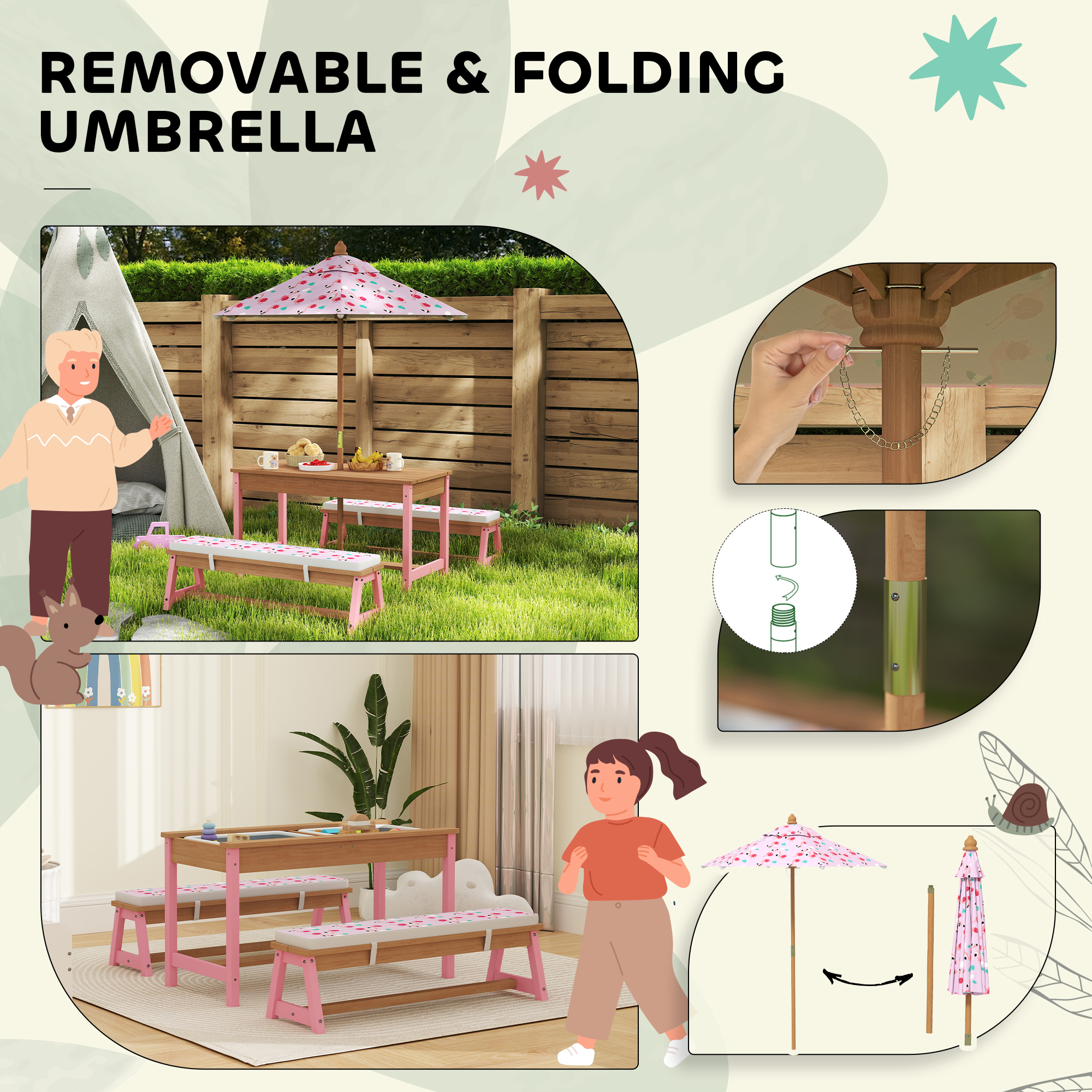 Kids Picnic Table Set with Foldable Umbrella, Removable Cushions & Boxes, Flamingo Theme, Pink
