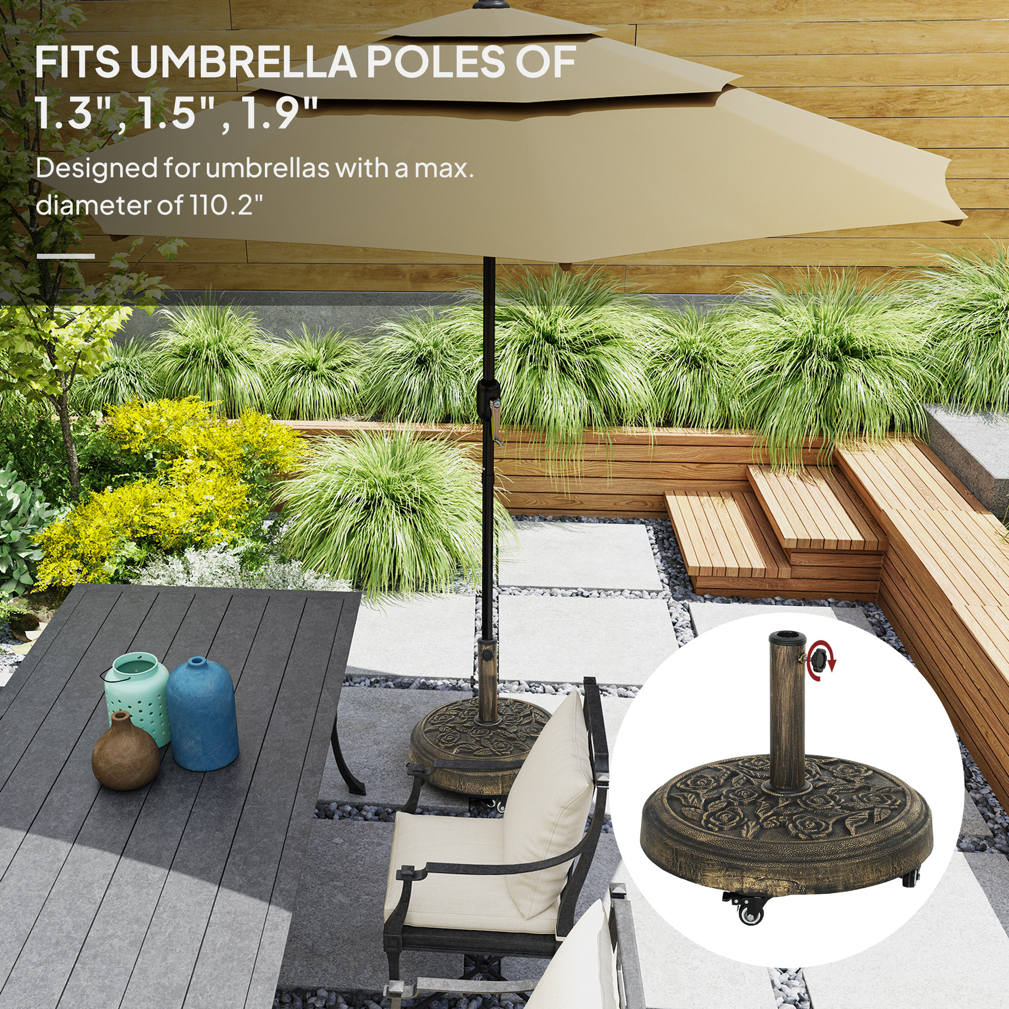  Round Patio Umbrella Base, 46 lbs Resin Umbrella Base with Wheels, Outdoor Umbrella Stand for 1.3"/1.5"/1.9" Umbrella Poles for Outdoor, Lawn, Poolside, Bronze