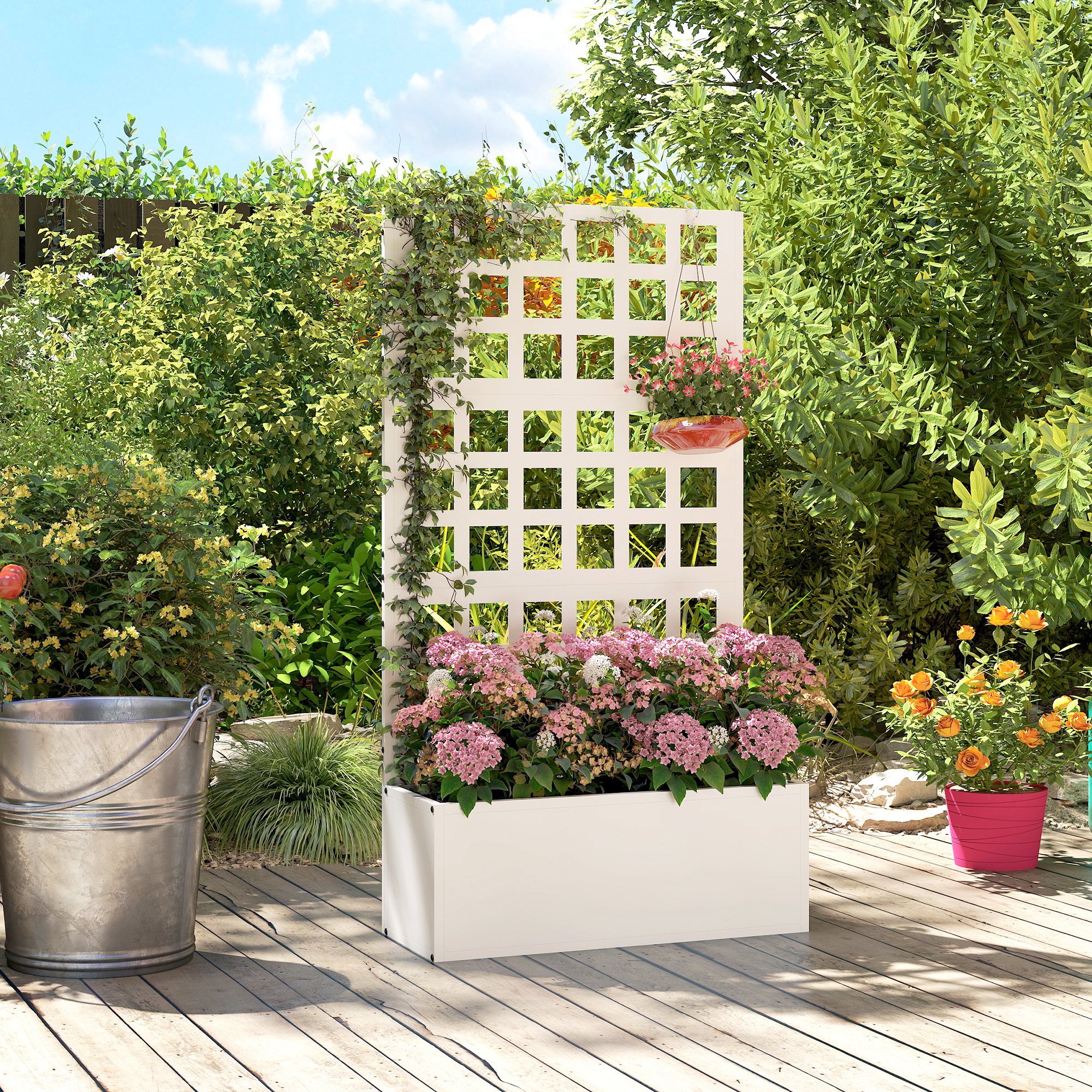  Galvanized Raised Garden Bed Planter Box with Trellis for Climbing Plants, Vegetable, Vines, 24" x 9" x 44.5", White