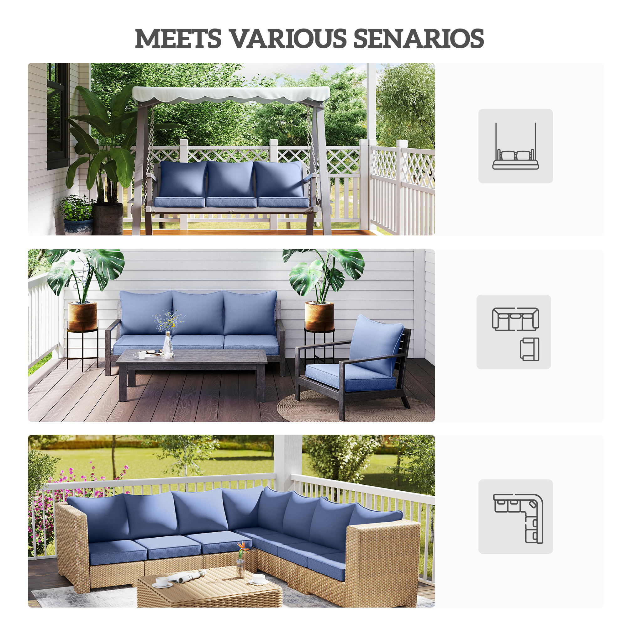  4 Patio Chair Cushions with Seat & Backrest, Fade Resistant Seat Replacement Cushion Set, Blue