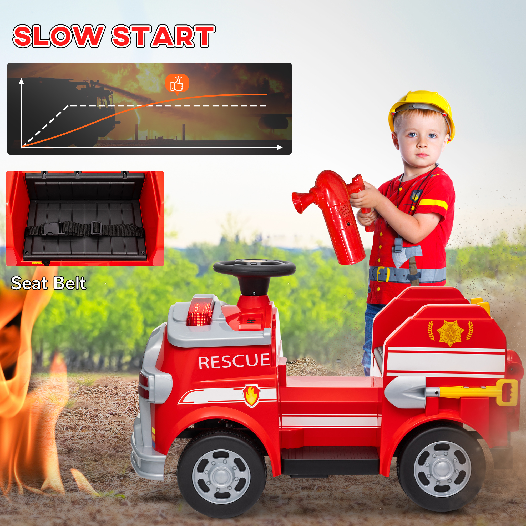 12V Ride on Fire Truck with Siren, Flashing Lights Fire Extinguisher, Soft Start, Horn Music, Red