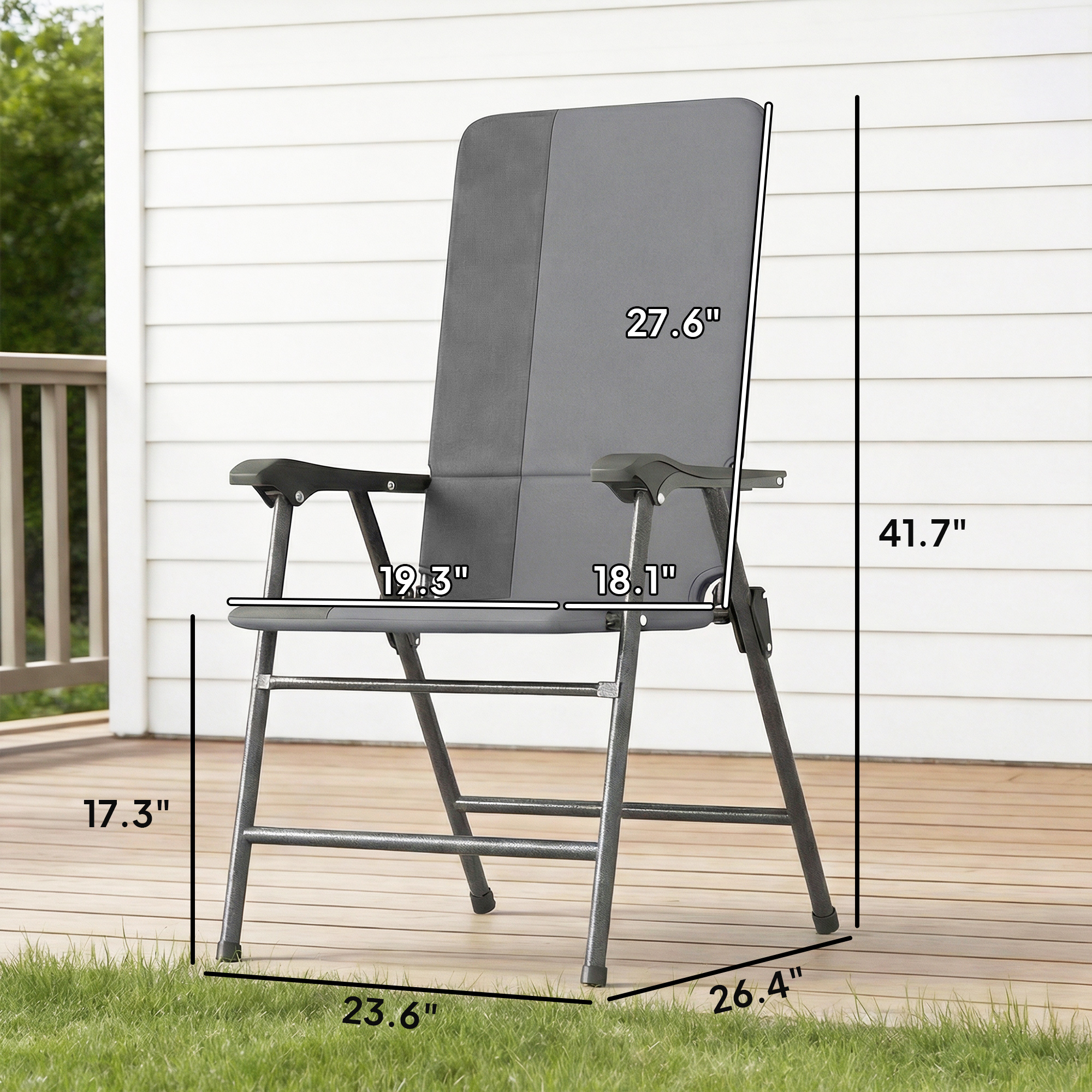  Folding Patio Chairs Set of 2, Padded High Back Lawn Camping Chairs with Armrests, 600D Oxford Fabric, Light Gray