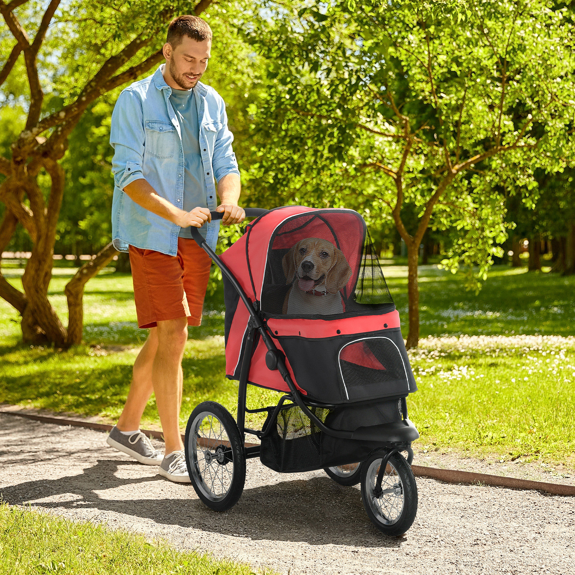  3 Wheels Pet Stroller for Small Dogs and Medium Dogs with Adjustable Canopy, Safety Tether, Storage Basket, Red