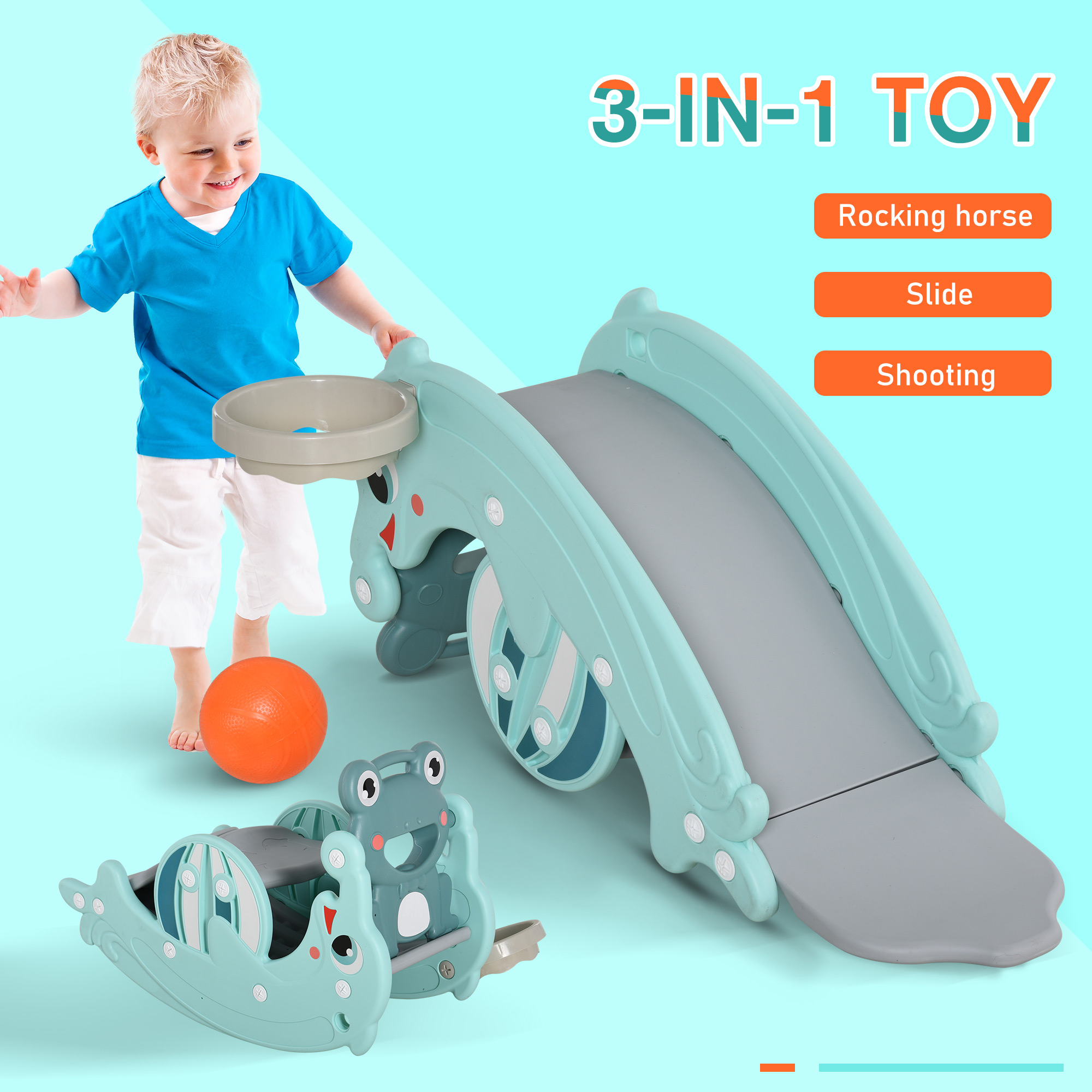 3-in-1 Kids Portable Slide Rocking Horse Toy with Basketball Hoop for Age 1.5-3 Boys and Girls, Mint Green