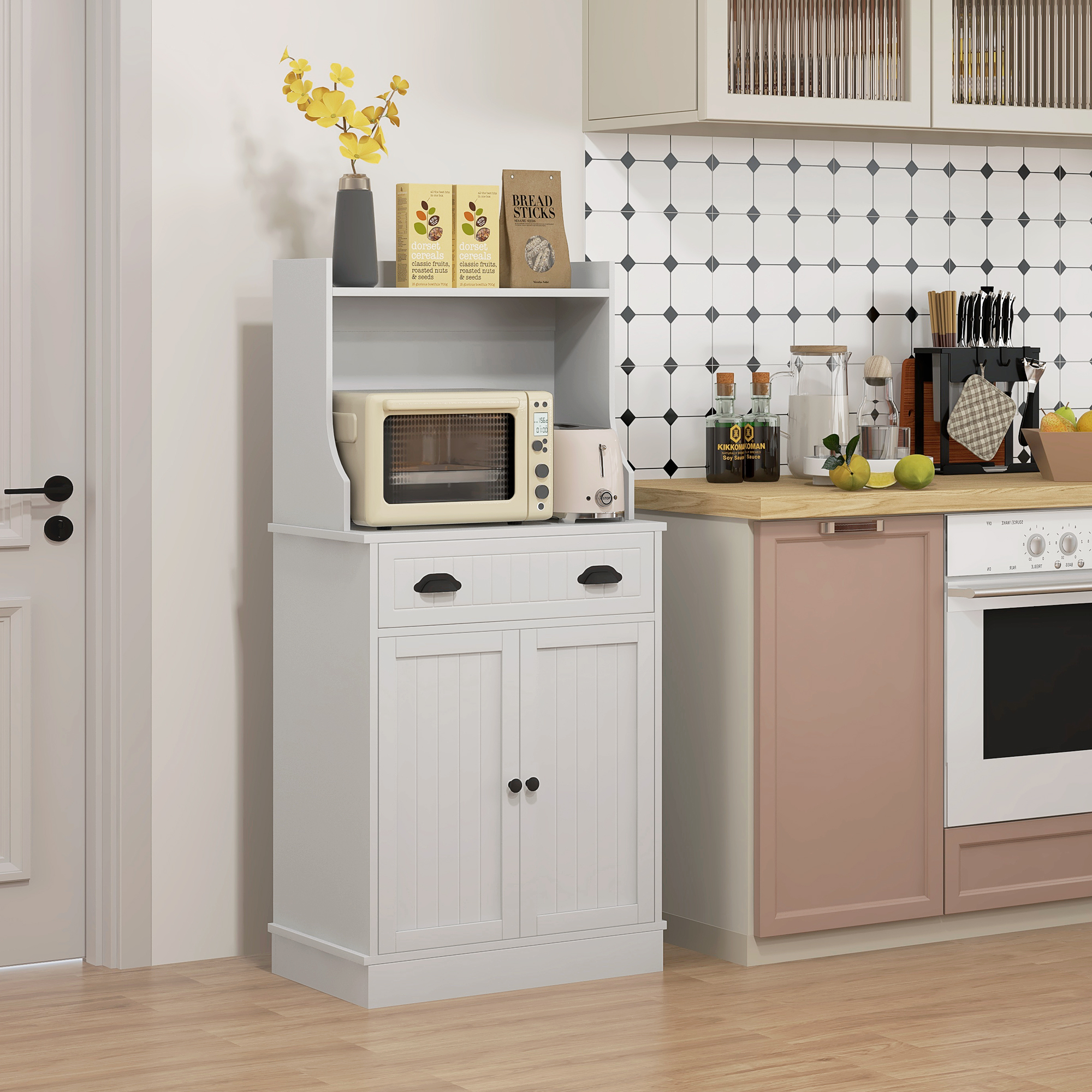  Kitchen Microwave Cabinet with Drawer, Cabinet and Adjustable Shelf, Buffet Cabinet with Hutch for Dining Room, White