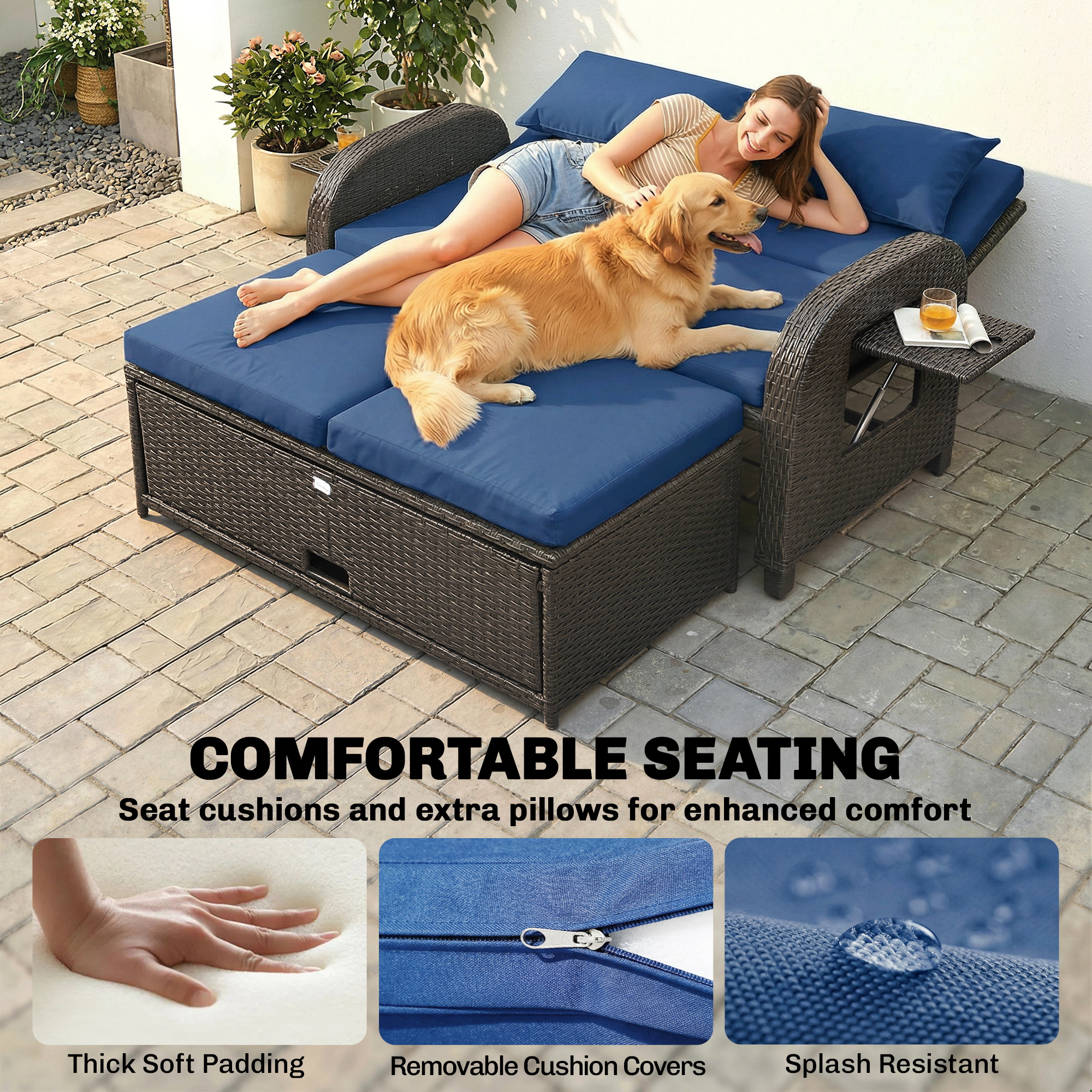  Patio Rattan Daybed, Wicker Outdoor Daybed with Storage Ottoman, Loveseat w/ Adjustable Backrest, Side Tables, Navy Blue