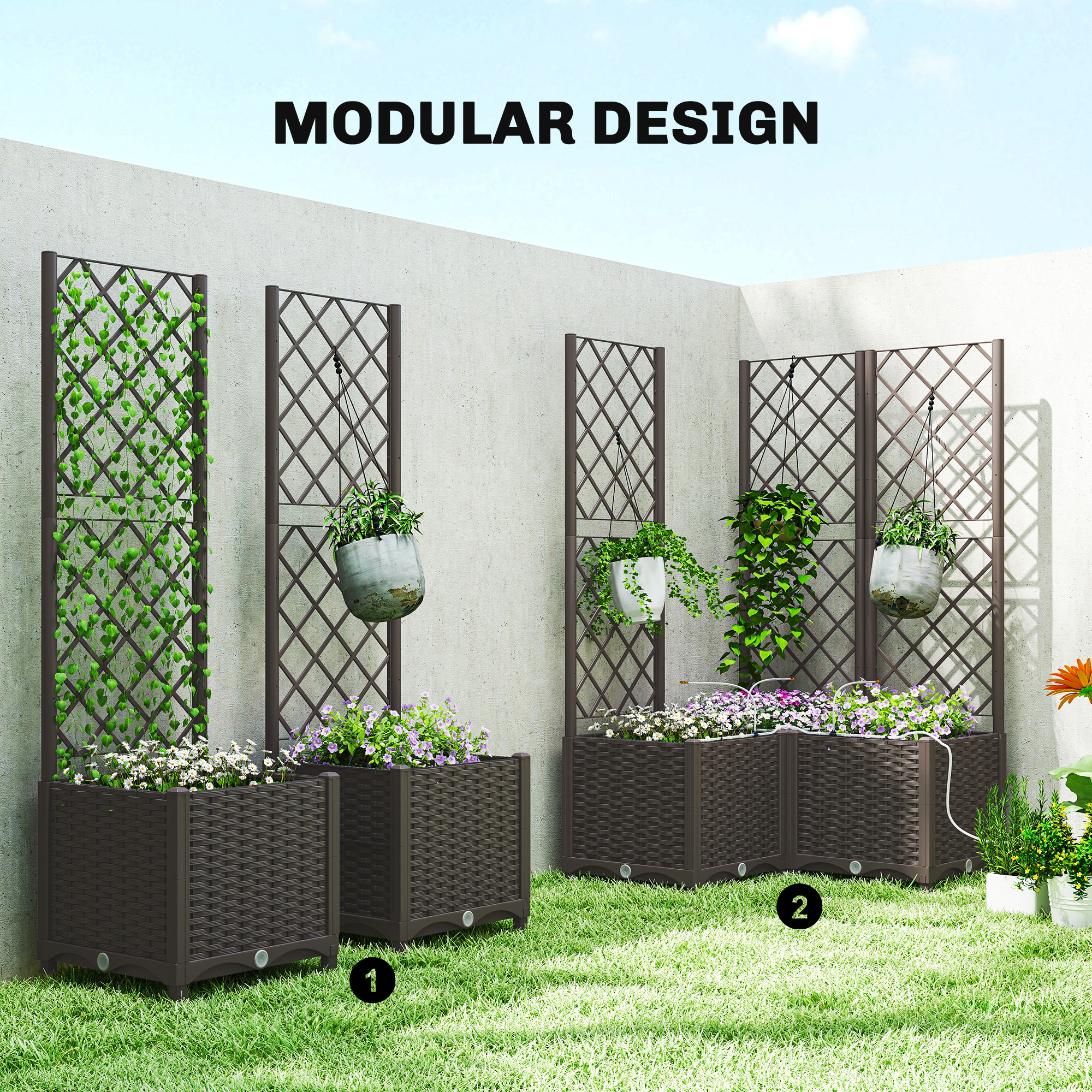  3PCS Plastic Planter Box with Trellis, Self-Watering Raised Garden Bed with Trellis and Automatic Watering Timer Kit