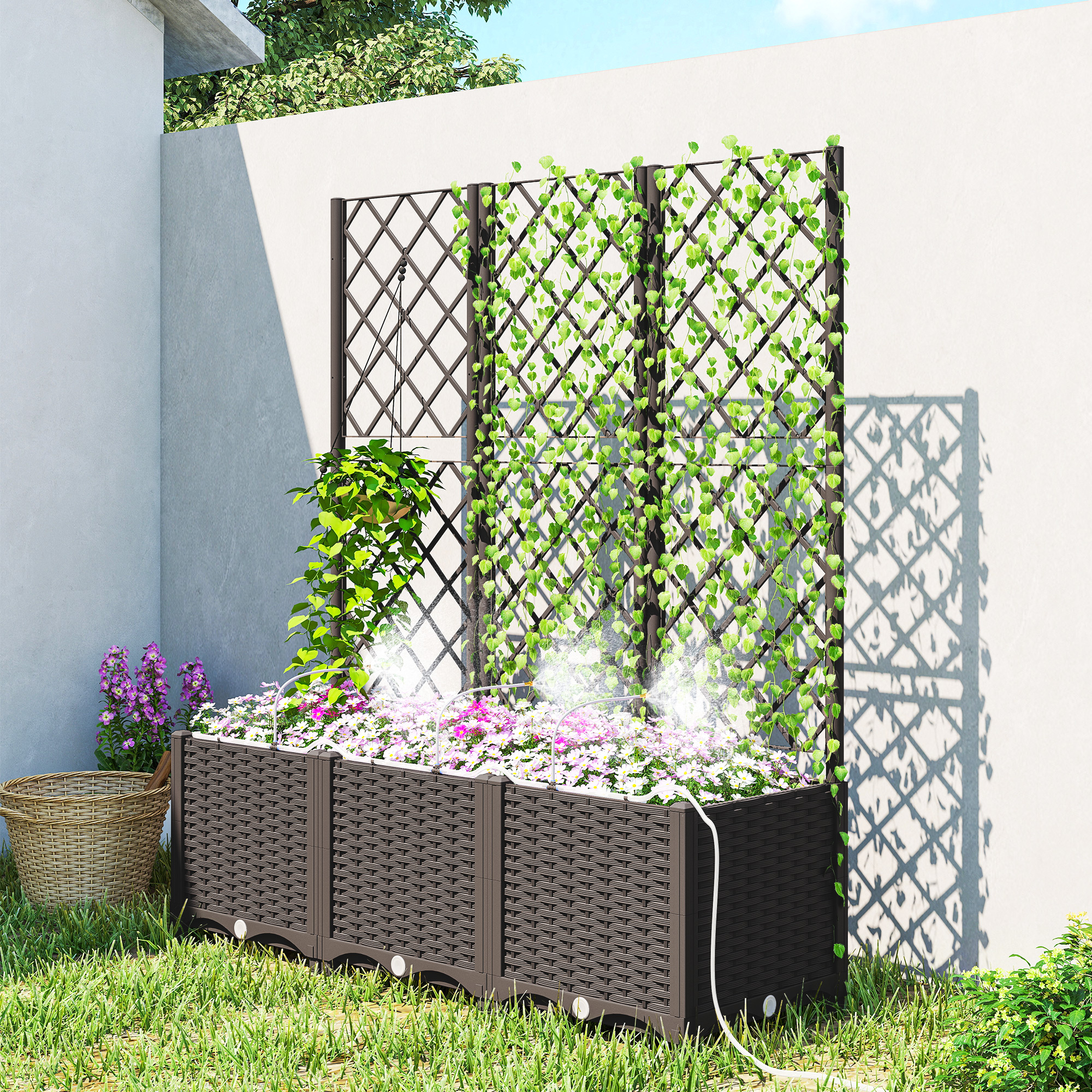  3PCS Plastic Planter Box with Trellis, Self-Watering Raised Garden Bed with Trellis and Automatic Watering Timer Kit
