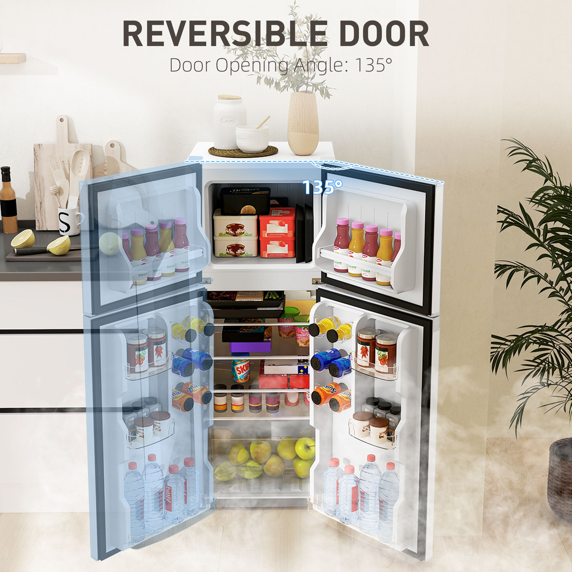  Small Fridge with Freezer, 4 Cu Ft Refrigerator with Reversible Doors, White