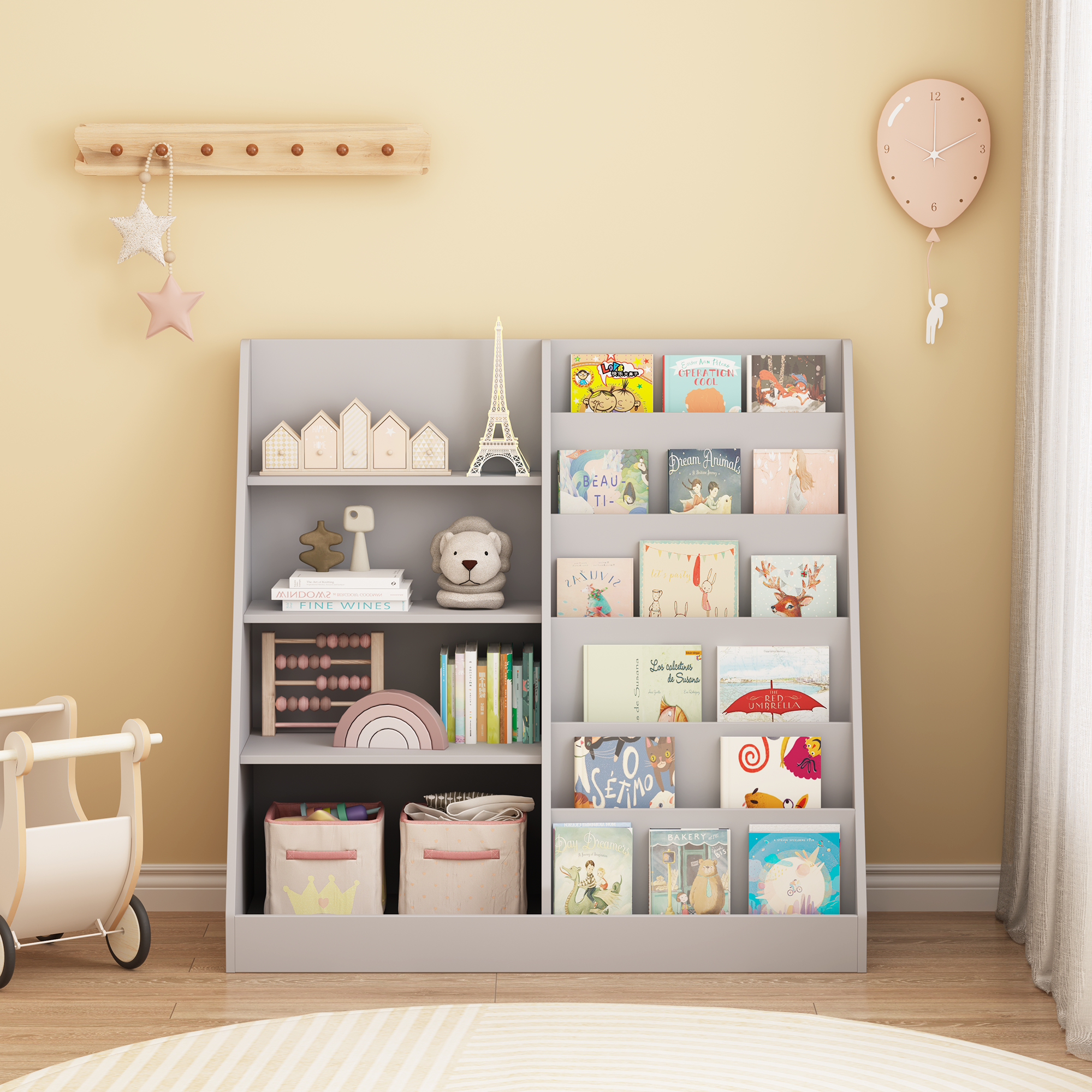 Kids Bookshelf And Toy Storage Organizer, Multifunctional 4 Tier Wooden Kids Book Shelf With  Bookcase Display Stand In Kids Room Playroom Nursery For Kids, Children, Toddlers Gray