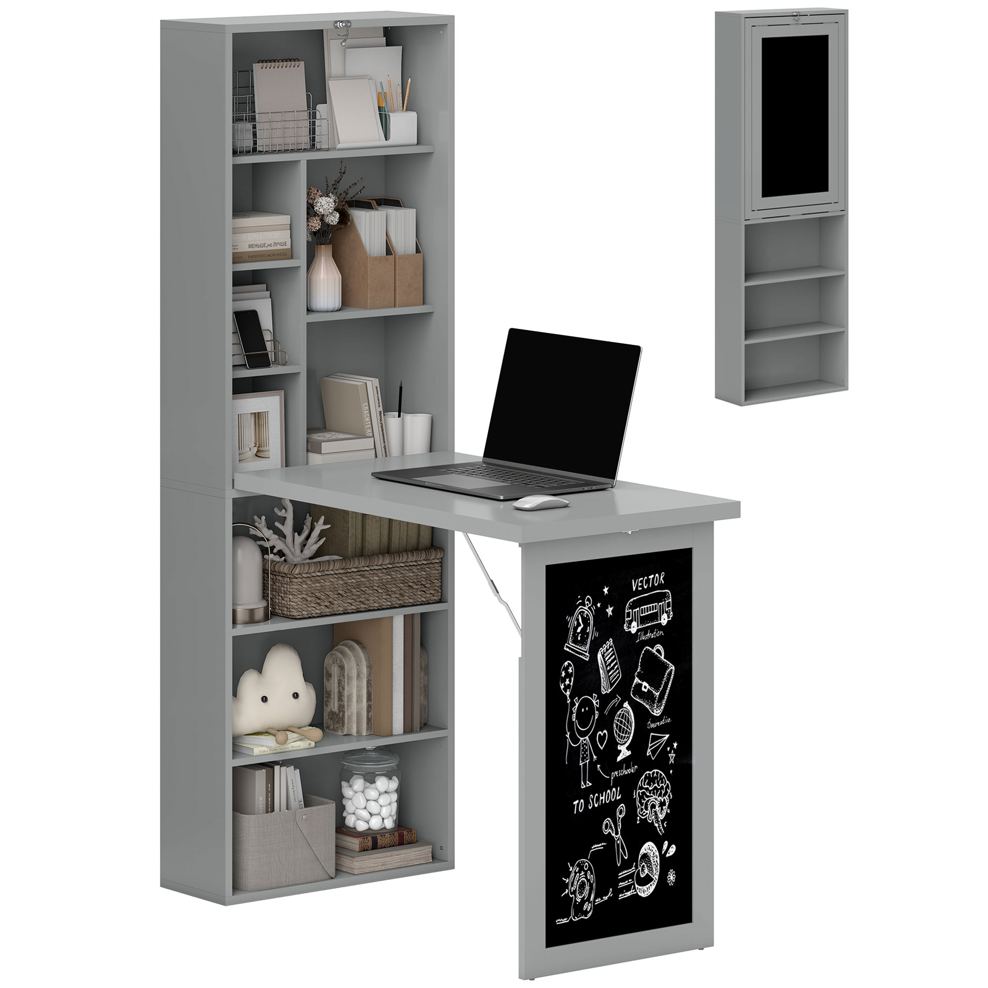 Fold-out Convertible Office Desk, Wall Mount Computer Desk with Blackboard and Side Shelf, Charcoal Gray image 16