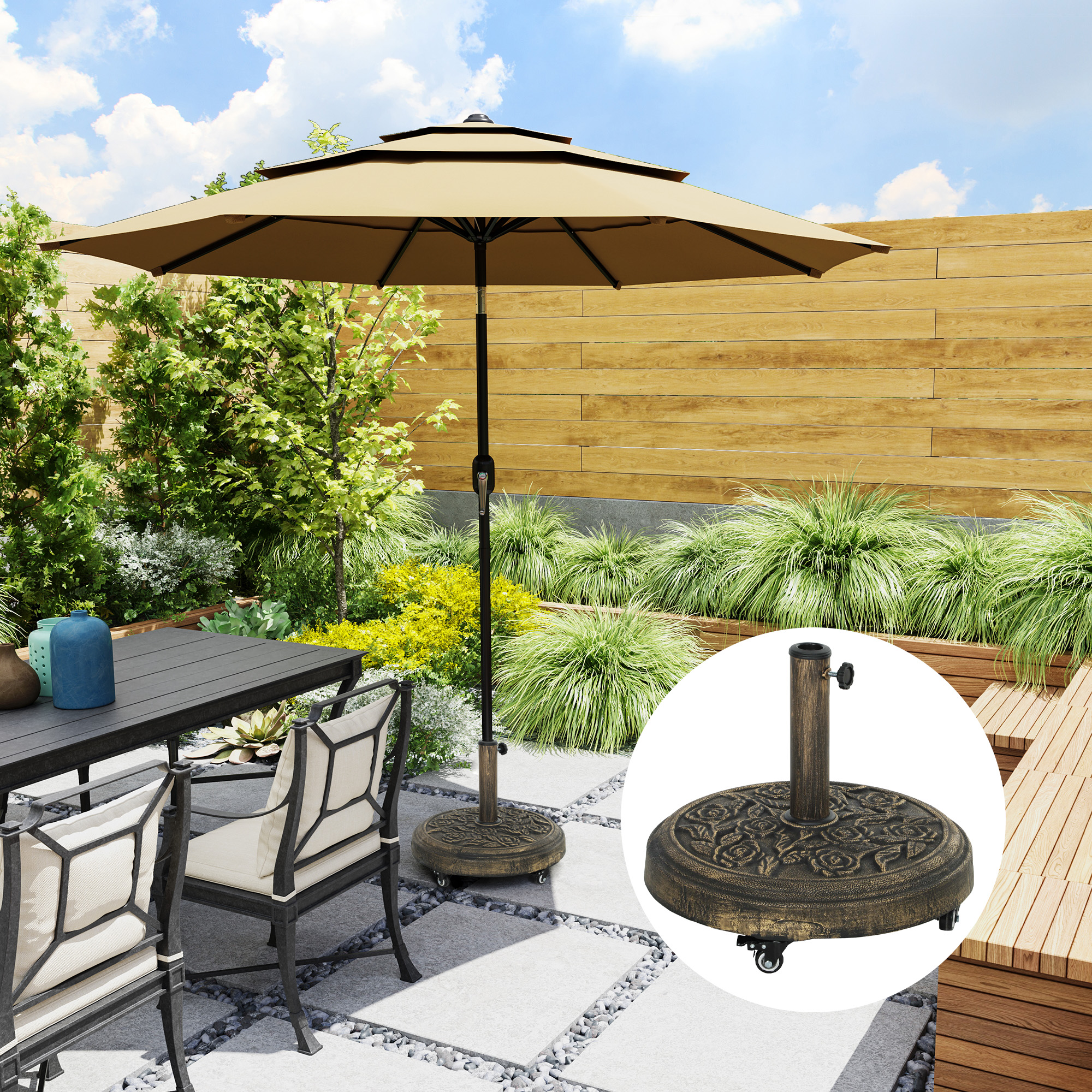 Round Patio Umbrella Base, 46 lbs Resin Umbrella Base with Wheels, Outdoor Umbrella Stand for 1.3"/1.5"/1.9" Umbrella Poles for Outdoor, Lawn, Poolside, Bronze