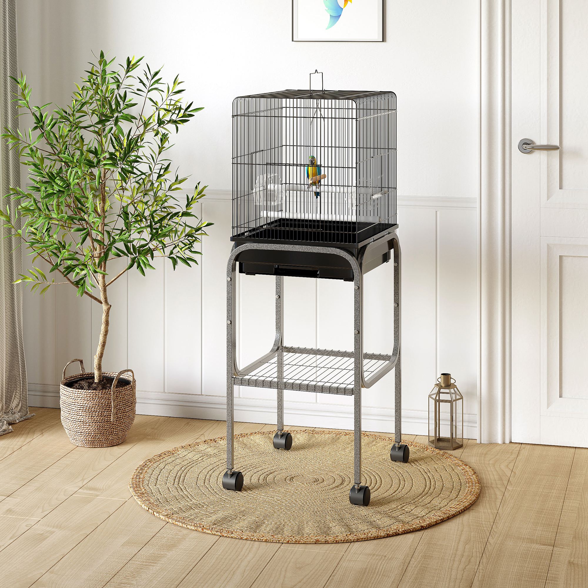  45-inch Metal Indoor Bird Cage, Parrot Cage, Bird Aviary with Detachable Rolling Stand, Storage Basket, and Accessories - Black