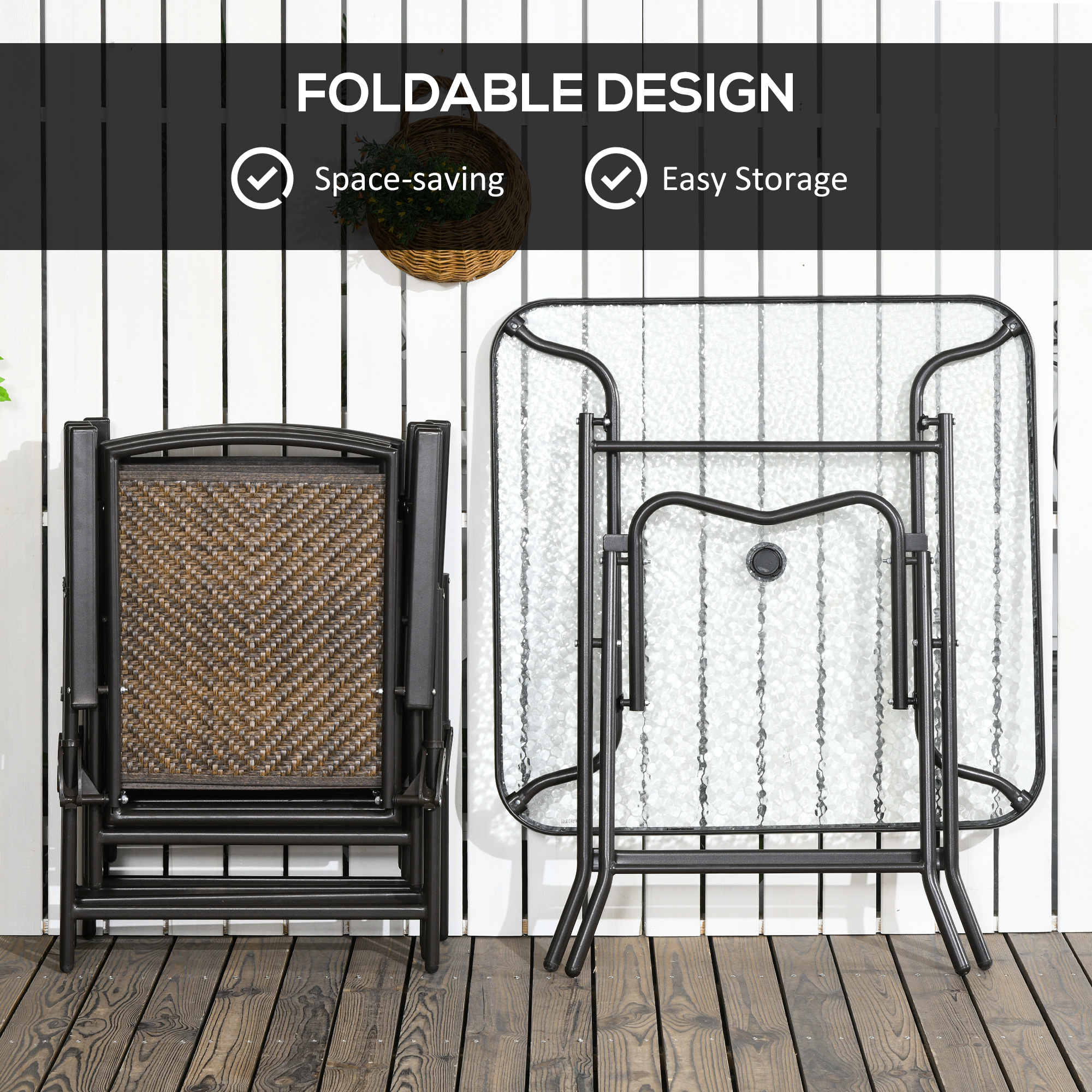  5 Pieces Patio Table and Chairs, Foldable Wicker Outdoor Dining Table Set with Umbrella Hole, Dark Brown