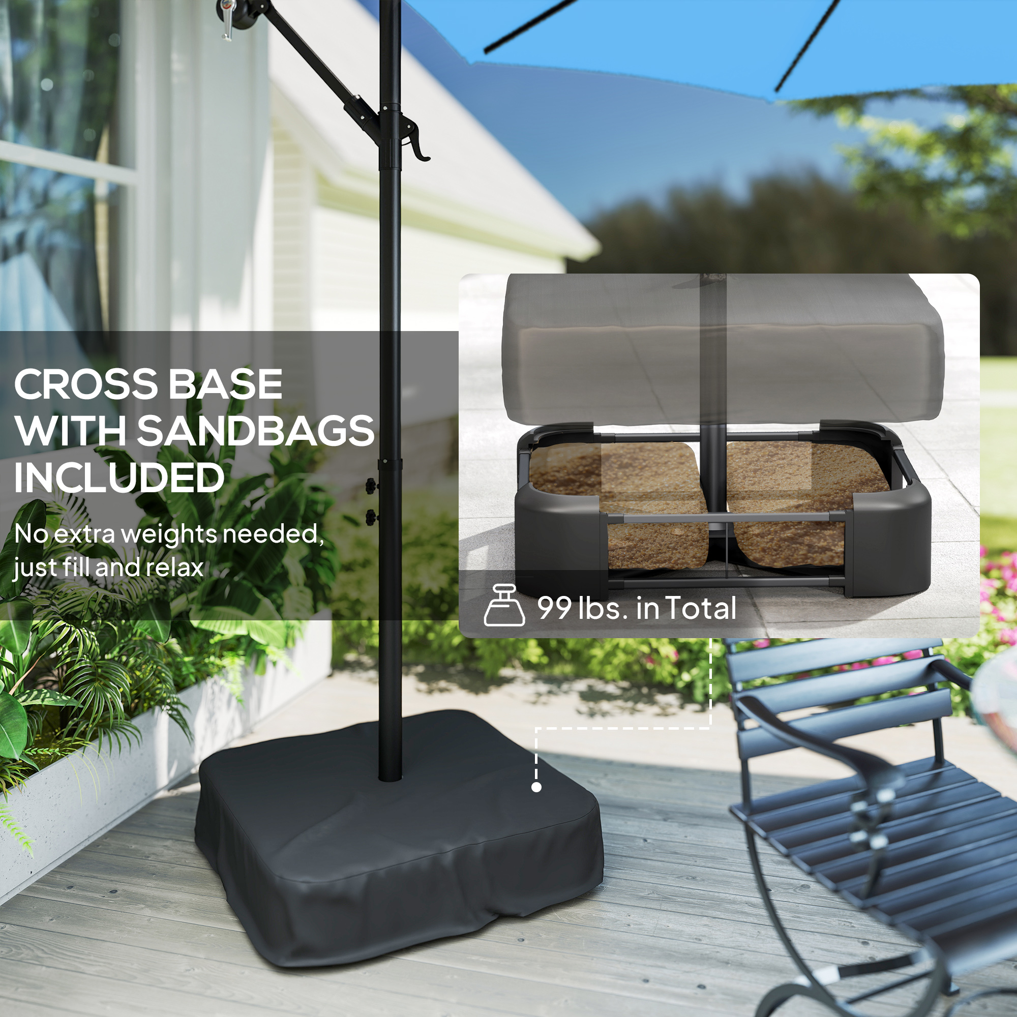  10 ft Cantilever Patio Umbrella with Light, Weight, Offset Hanging Outdoor Umbrella with Protective Cover, Lake Blue