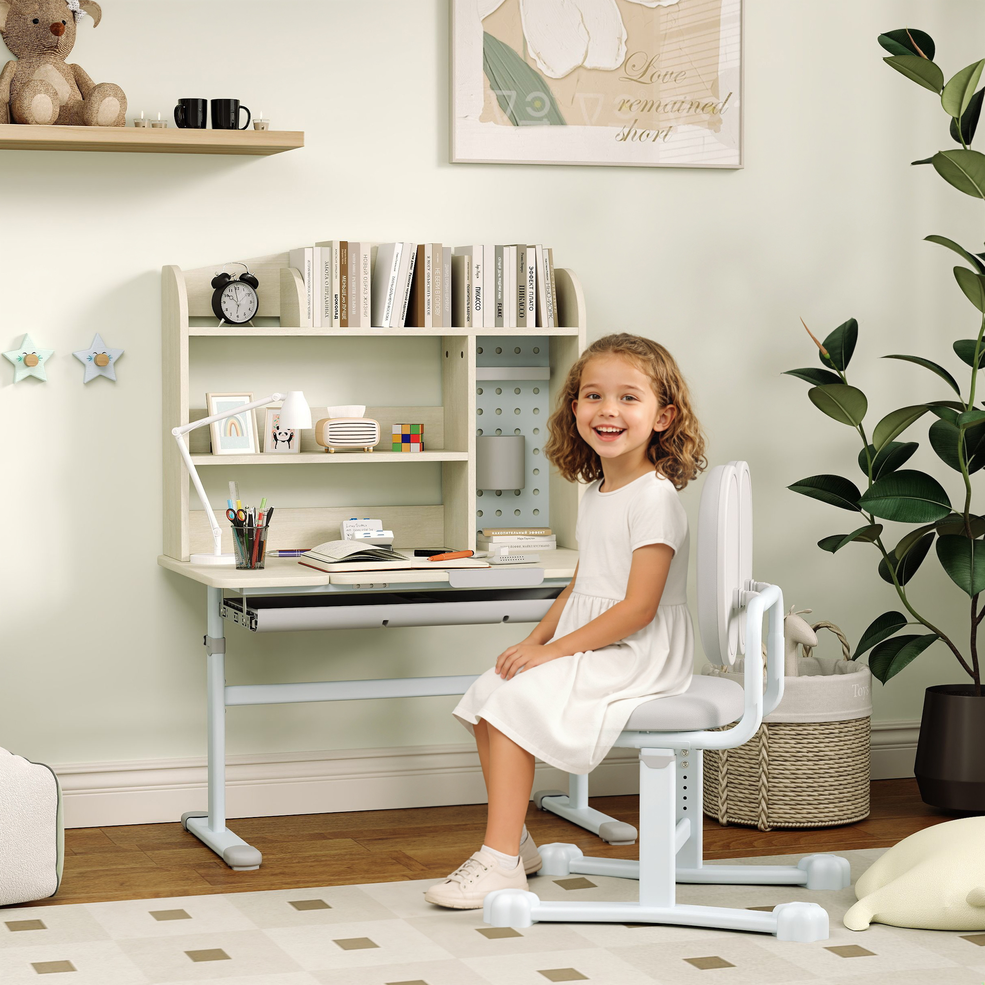 Kids Study Desk and Chair Set with Adjustable Height, Tiltable Desktop, Hutch and Drawer for Ages 3-12, Gray - Image 1