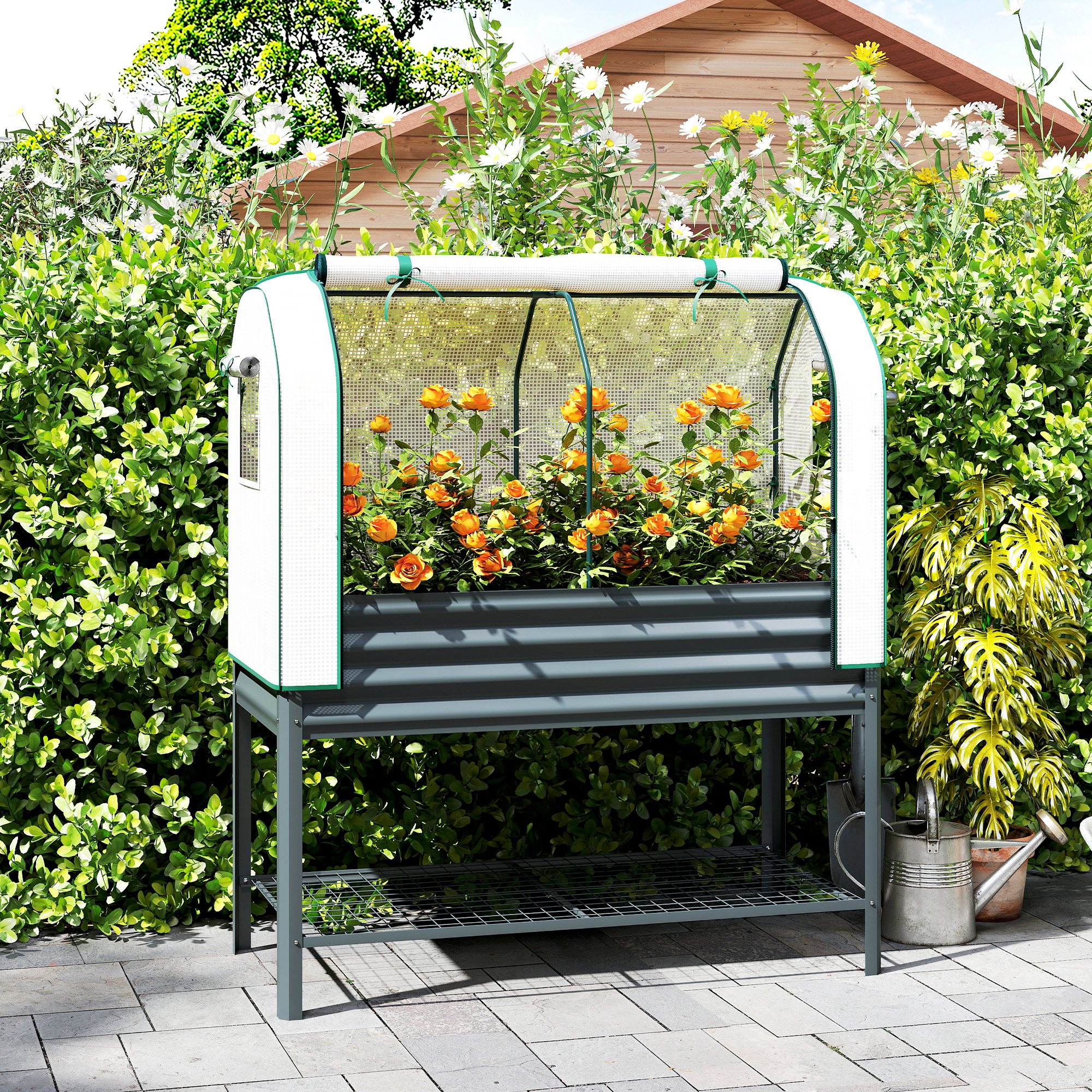  Galvanised Raised Garden Bed with Greenhouse Cover, Metal Elevated Garden Bed with Bed Liner, Bottom Shelf, Dark Gray