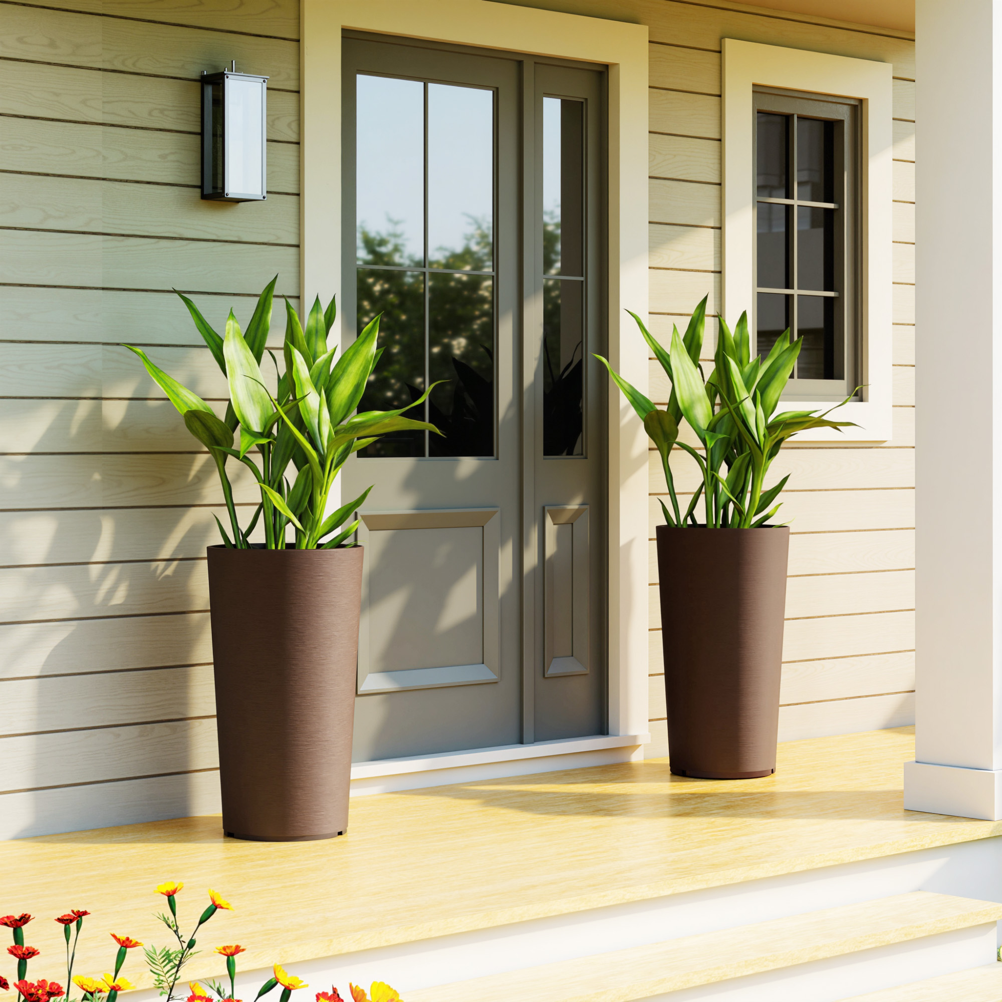  29 Inch Outdoor Planter, Set of 2 Plastic Flower Pots, Weather and UV Resistant Stackable Large Planters, Brown