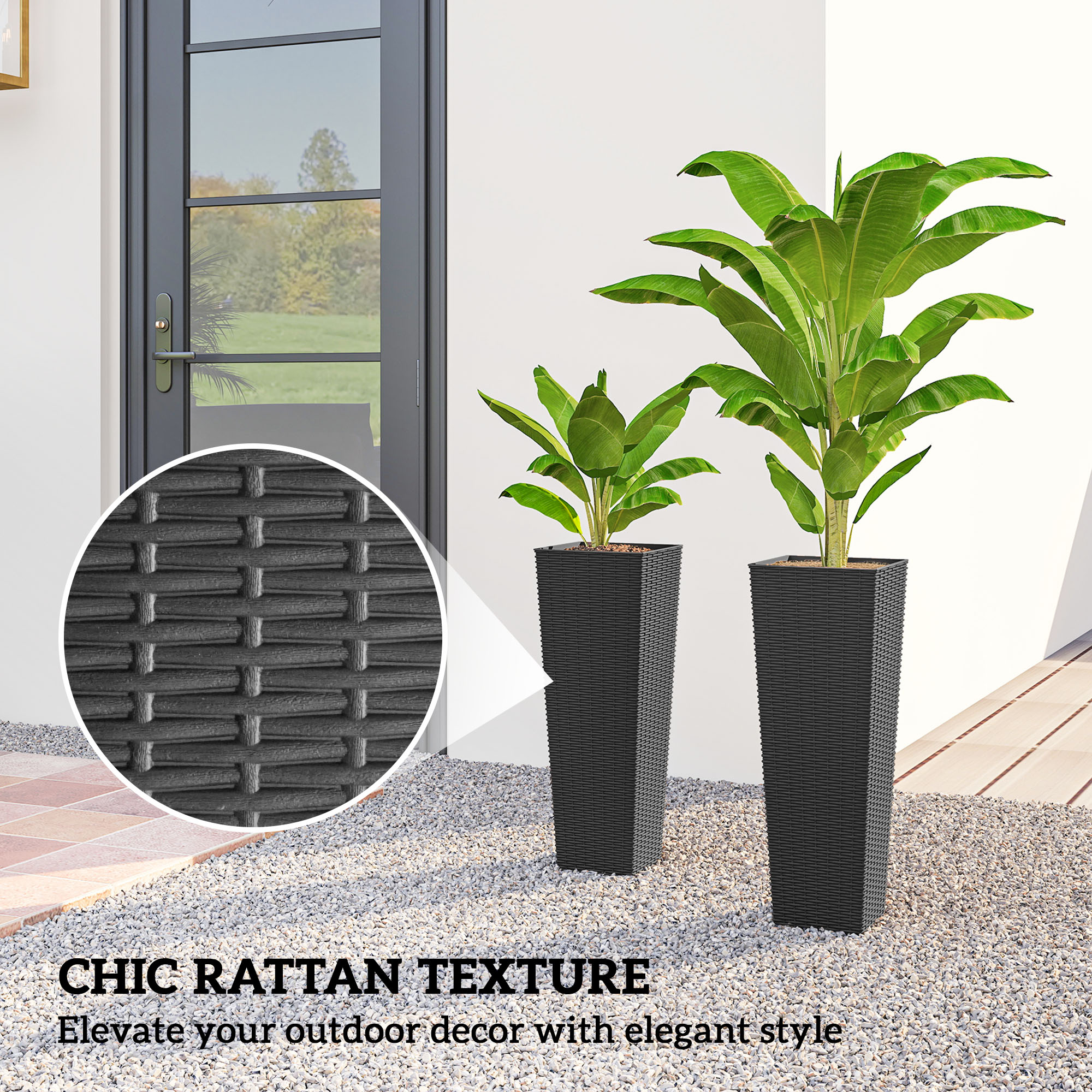  23.6 Inch Tall Planters for Outdoor Plants, Set of 2 Plastic Flower Pots with Drainage Holes, Black