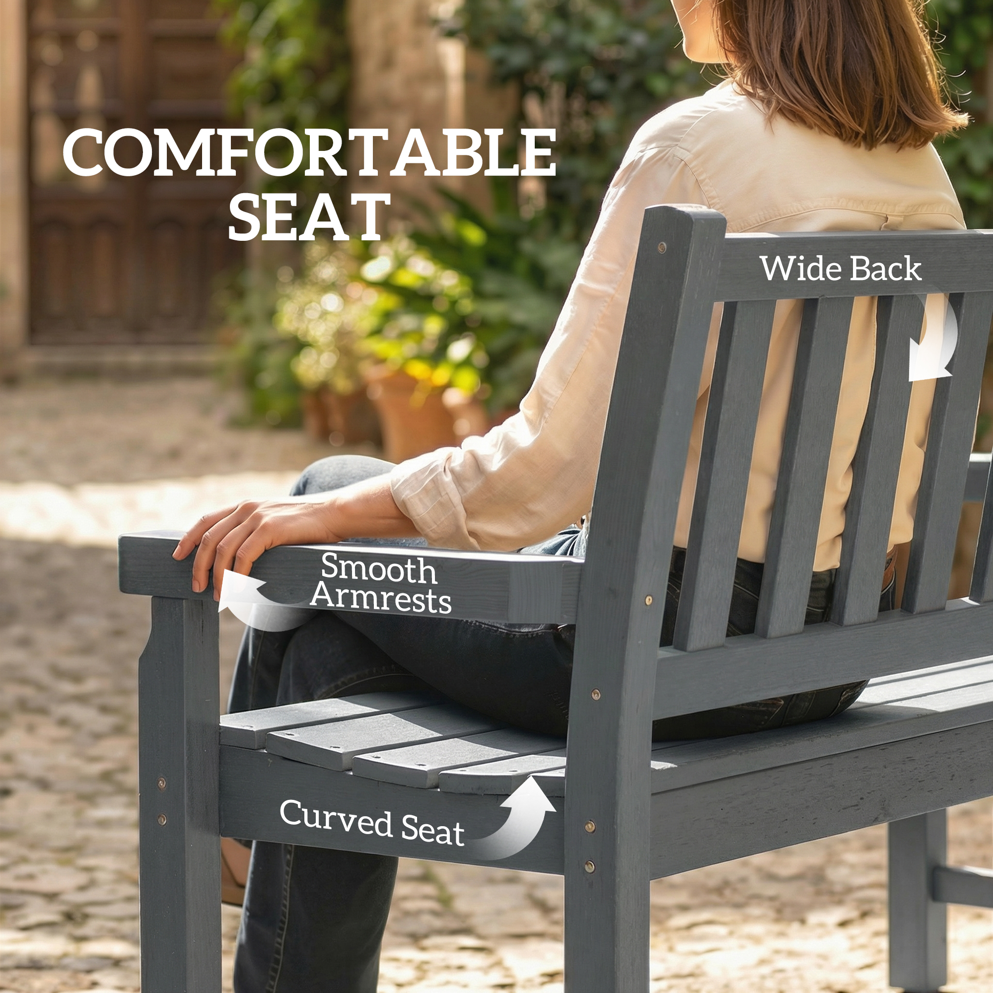  2-Person Garden Bench, HDPE Outdoor Bench with 530 lbs Capacity, Curved Seat for Backyard, Park, Porch, Lawn, Gray